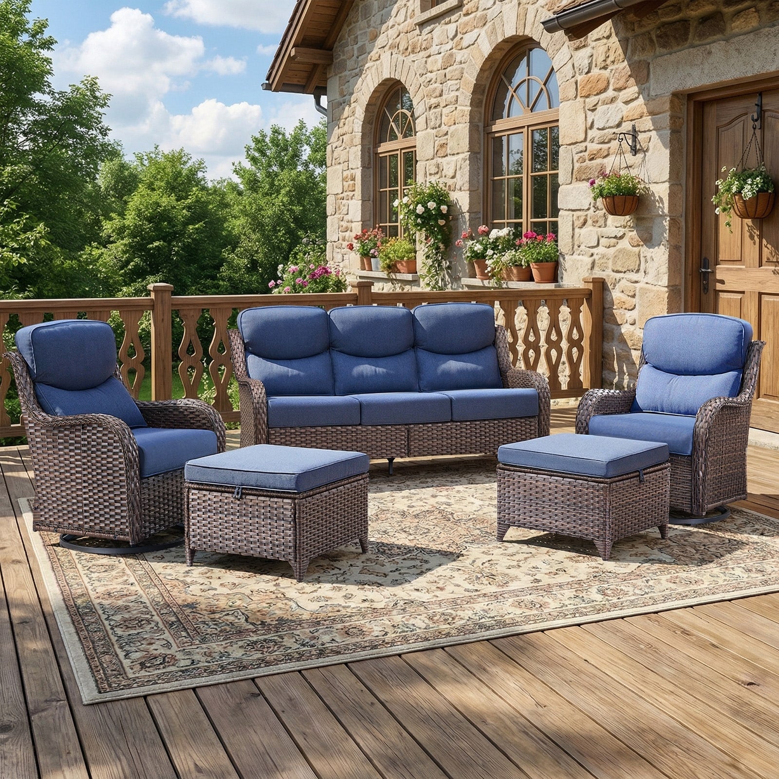 Meyreso 5 Piece Wicker Outdoor Patio Conversation Set With 5 Inch Thick Olefin Cushions