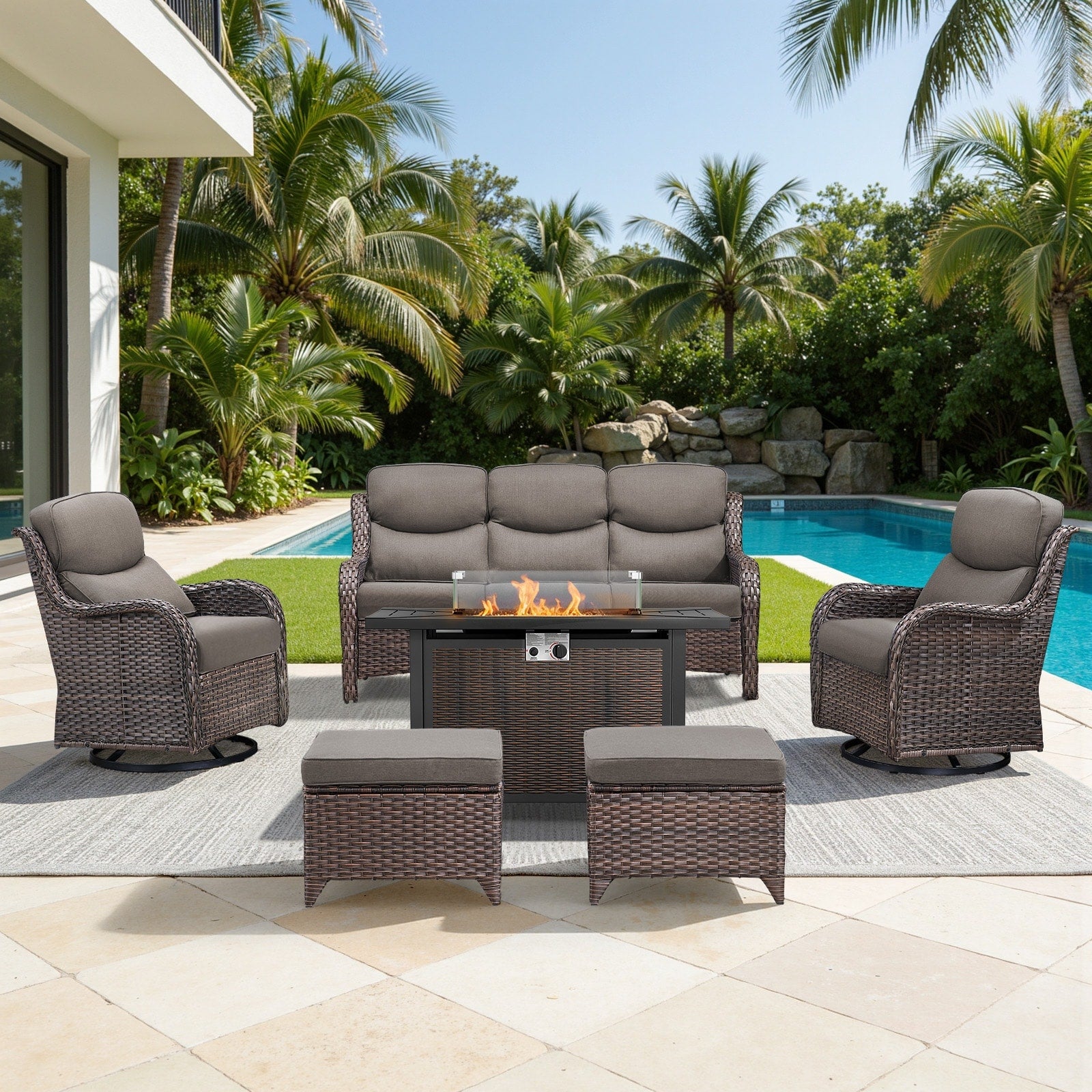 Meyreso 6 Piece Outdoor Patio Metal Fire Pit Wicker Conversation Set With 5 Inch Thick Olefin Cushions