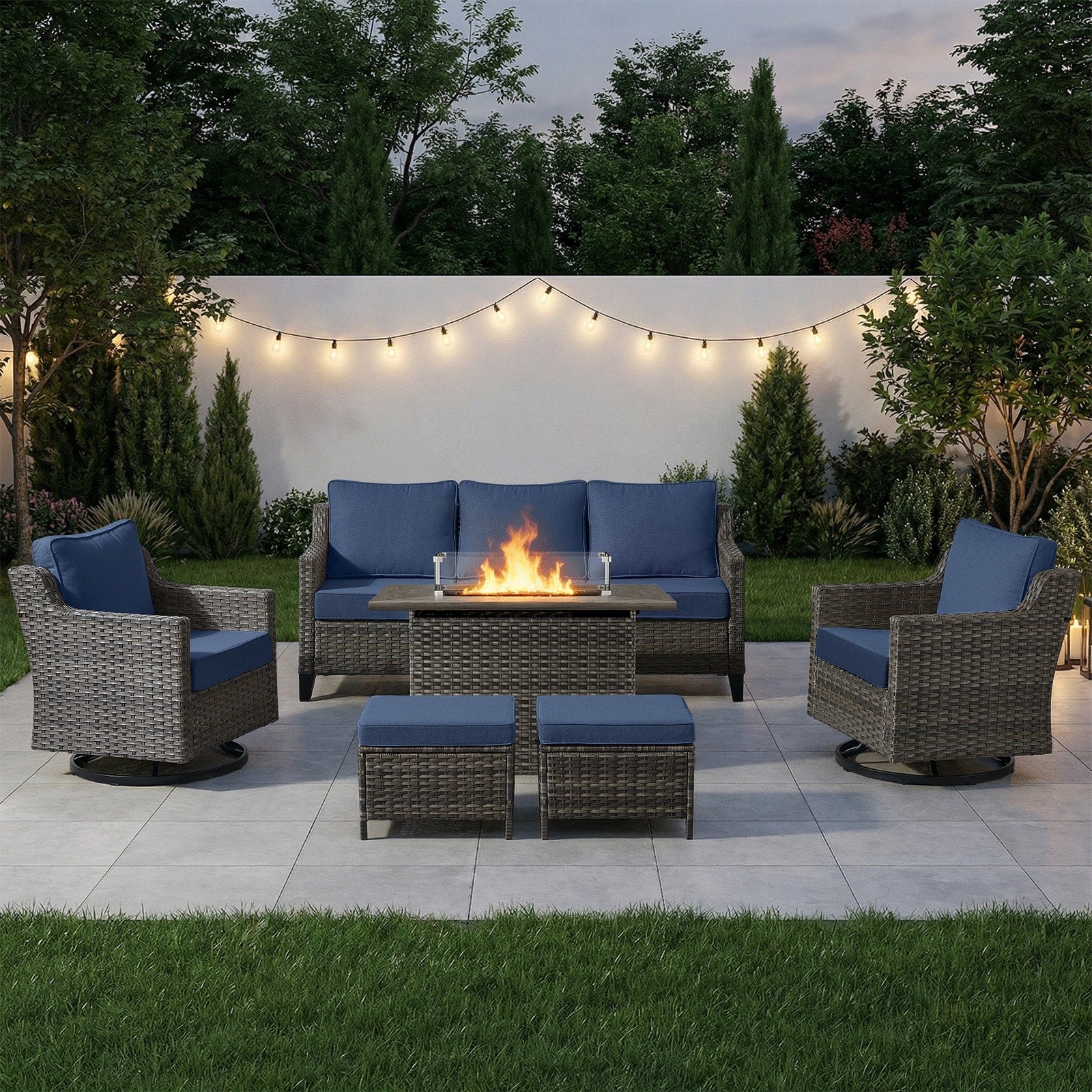 Meyreso 6 Piece Wicker Outdoor Patio Fire Pit Conversation Set With 4 Inch Thick Cushions