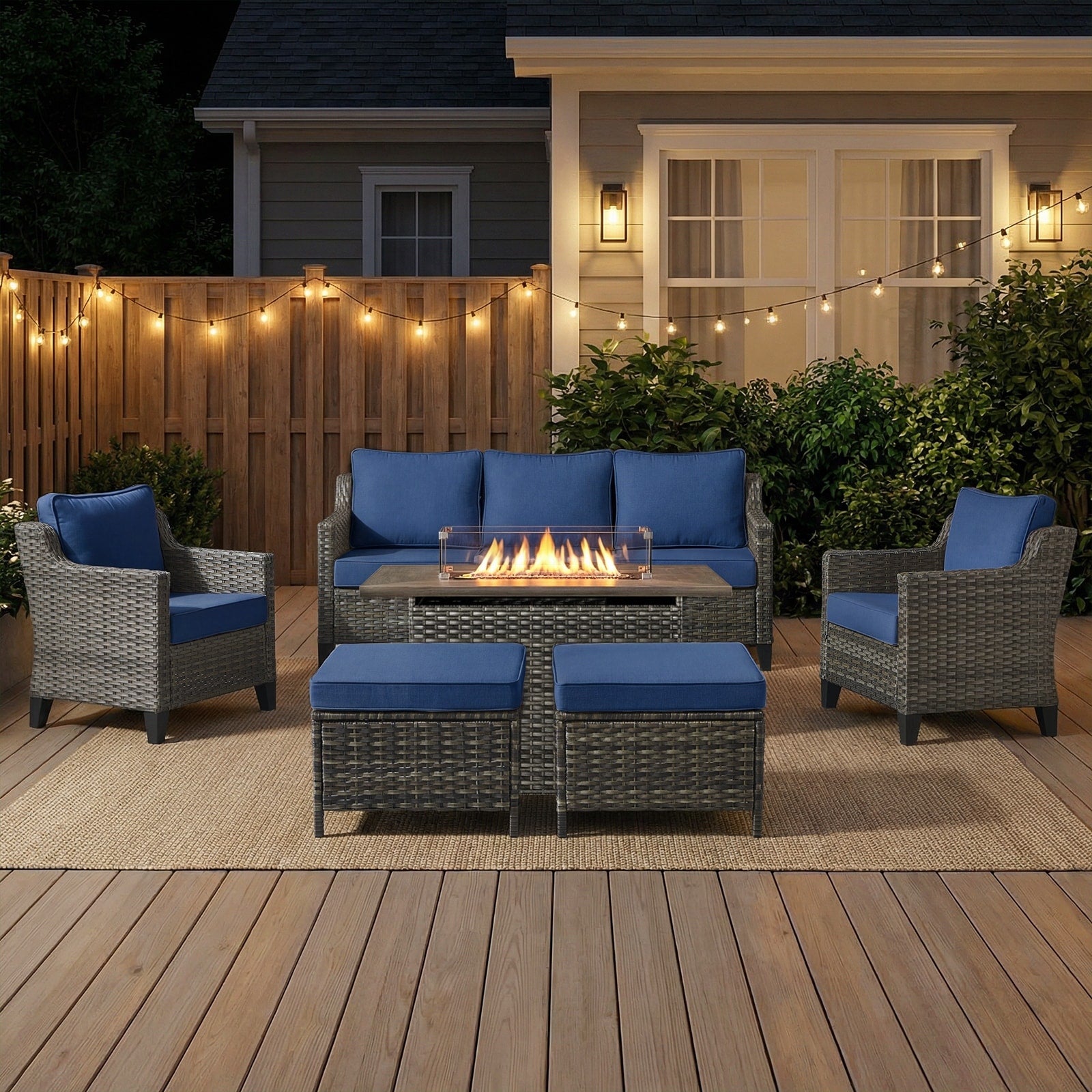 Meyreso 6 Piece Wicker Outdoor Patio Fire Pit Conversation Set With 4 Inch Thick Cushions