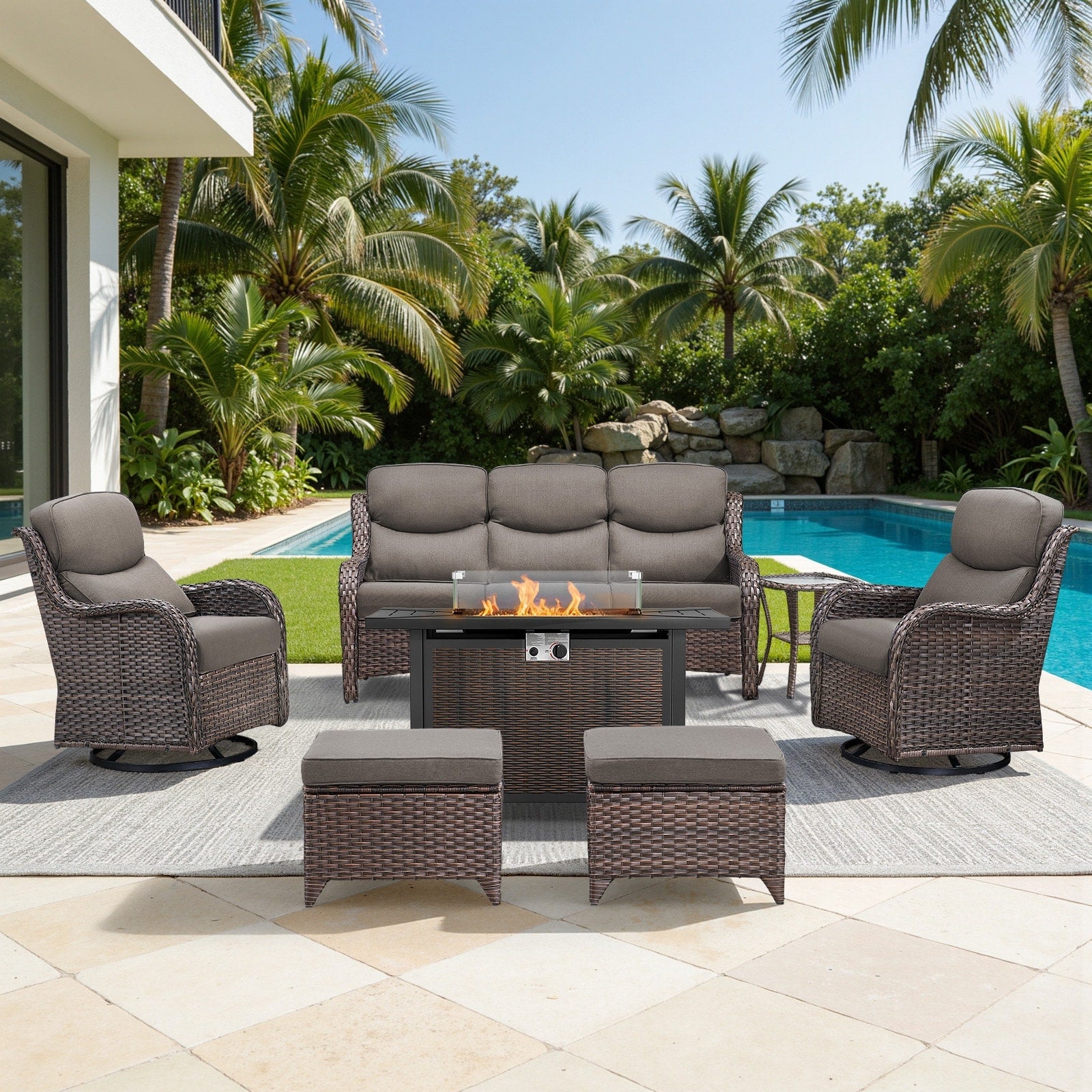Meyreso 7 Piece Outdoor Patio Metal Fire Pit Wicker Conversation Set With 5 Inch Thick Olefin Cushions