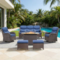 Meyreso 7 Piece Outdoor Patio Wicker Fire Pit Conversation Set With 5 Inch Thick Olefin Cushions
