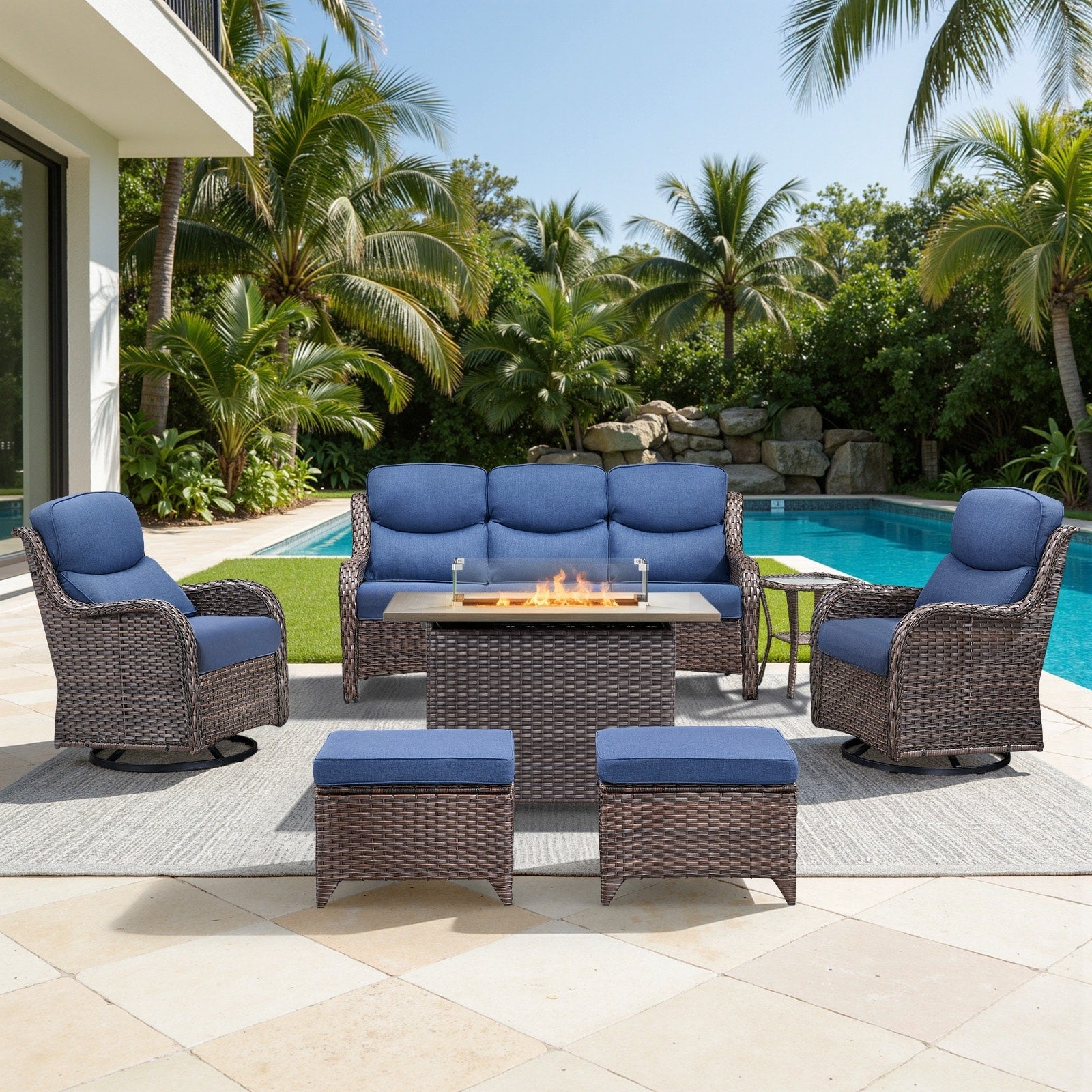 Meyreso 7 Piece Outdoor Patio Wicker Fire Pit Conversation Set With 5 Inch Thick Olefin Cushions
