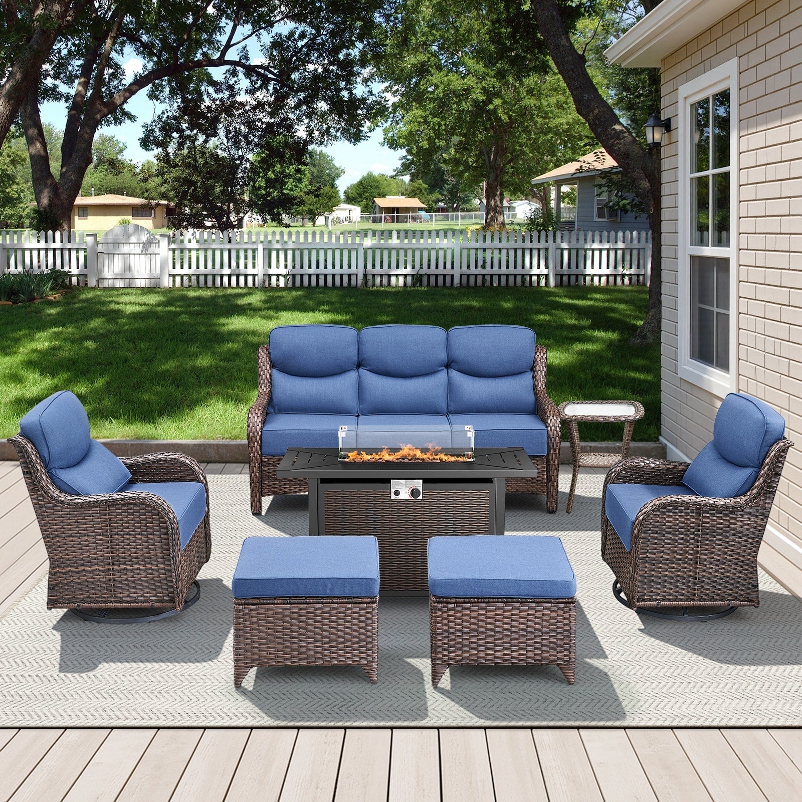 Meyreso 7 Piece Pe Wicker Patio Conversation Set With All Iron Fire Pit And 6 Inch Cushions
