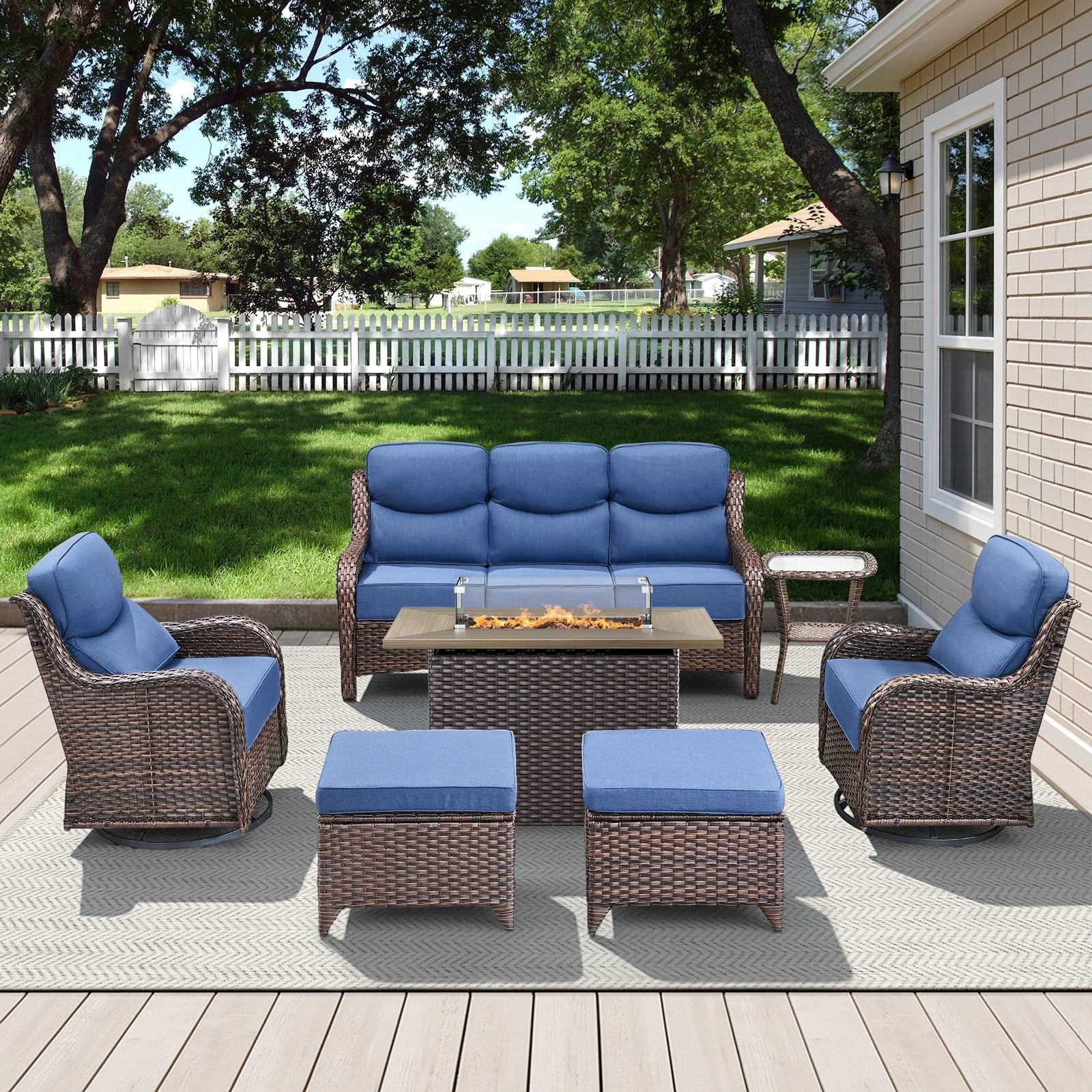 Meyreso 7 Piece Wicker Outdoor Patio Fire Pit Conversation Set With 6 Inch Thick Cushions