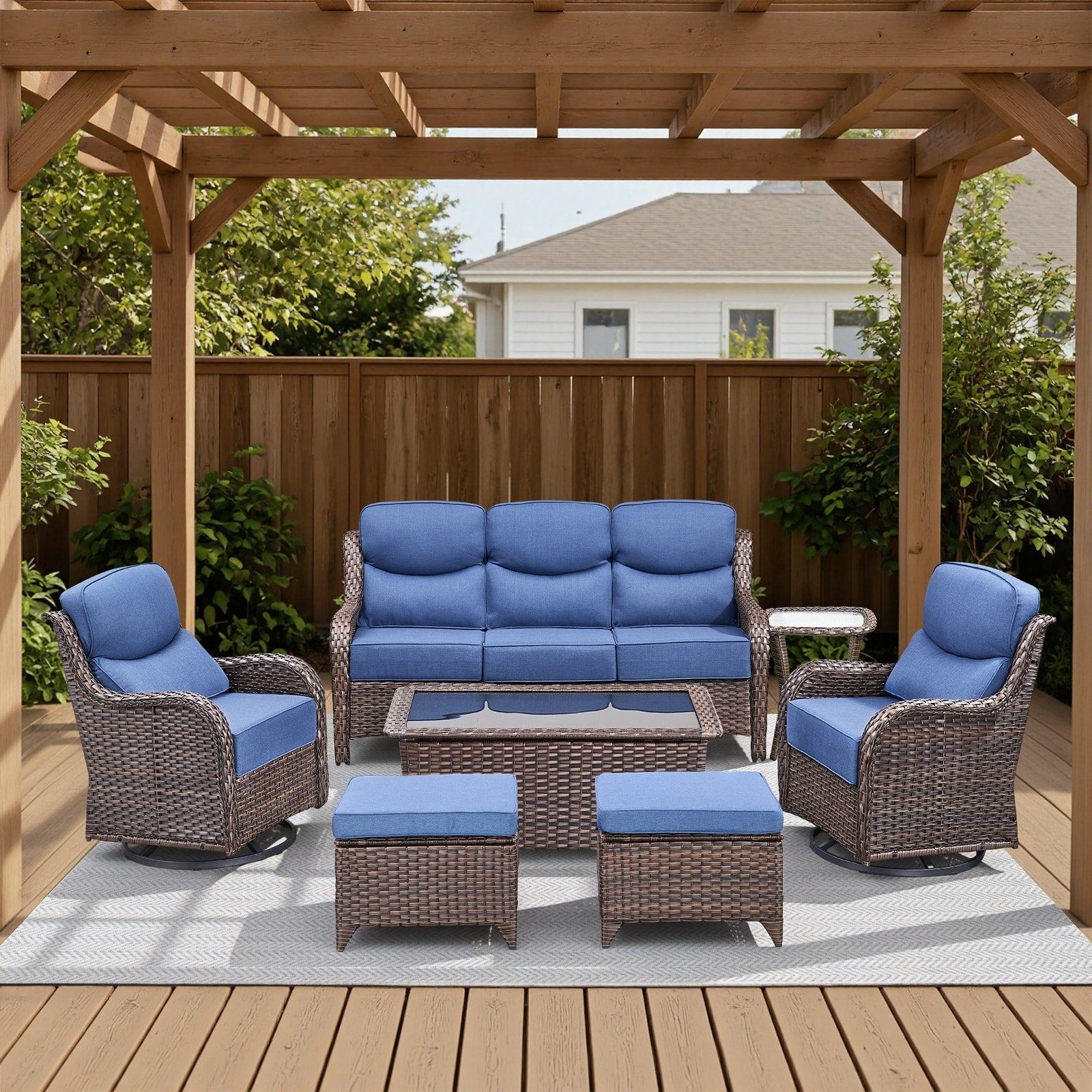 Meyreso 7 Piece Wicker Patio Conversation Set With Swivel Gliders And 6 Inch Thick Cushions