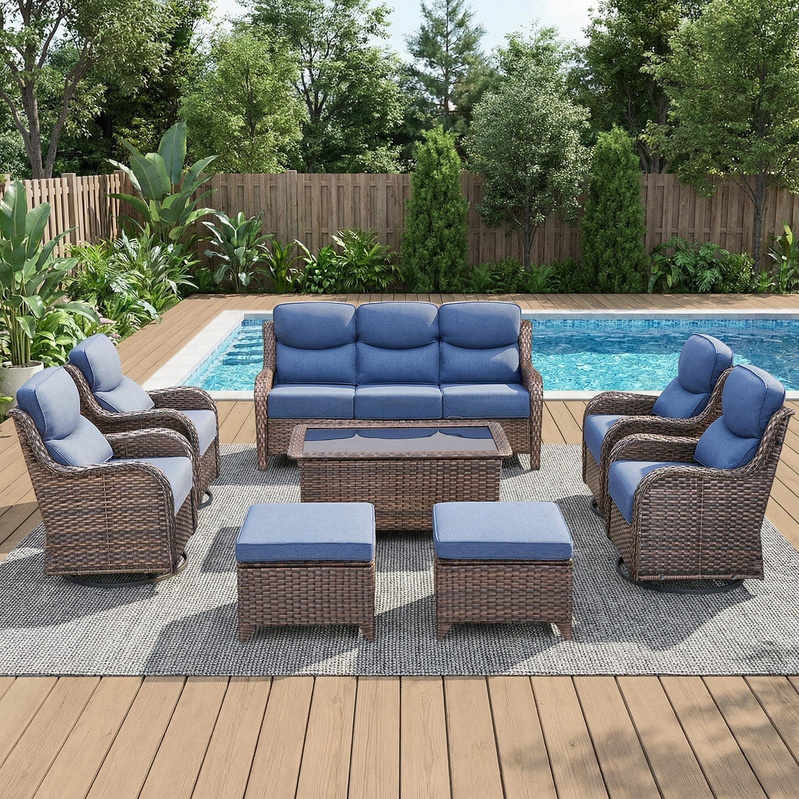 Meyreso 8 Piece Wicker Outdoor Patio Coffee Table Conversation Set With 5 Inch Thick Cushions