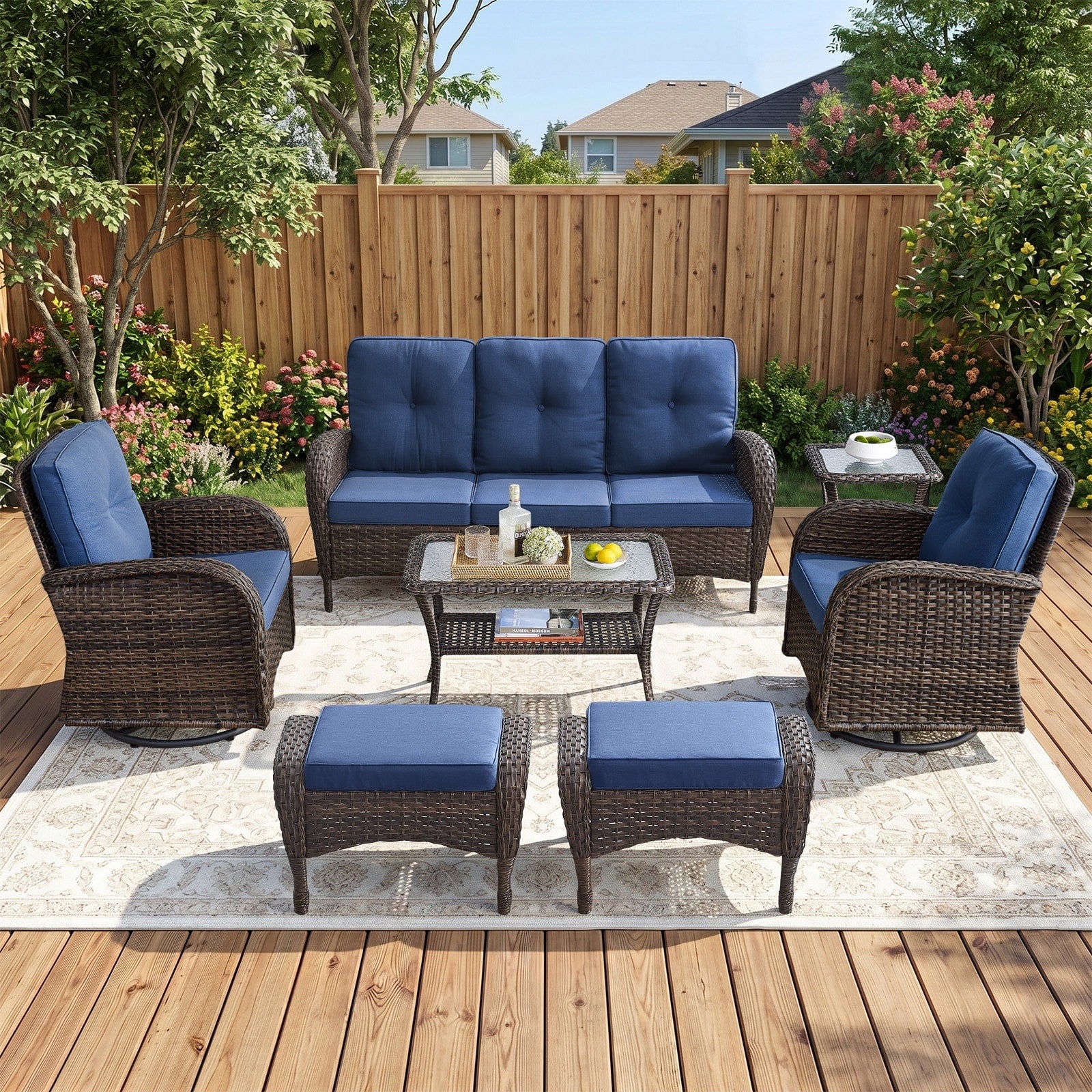 Meyreso Flat Armrest Wicker Patio Sofa Set With 3.5 Inch Thick Cushions