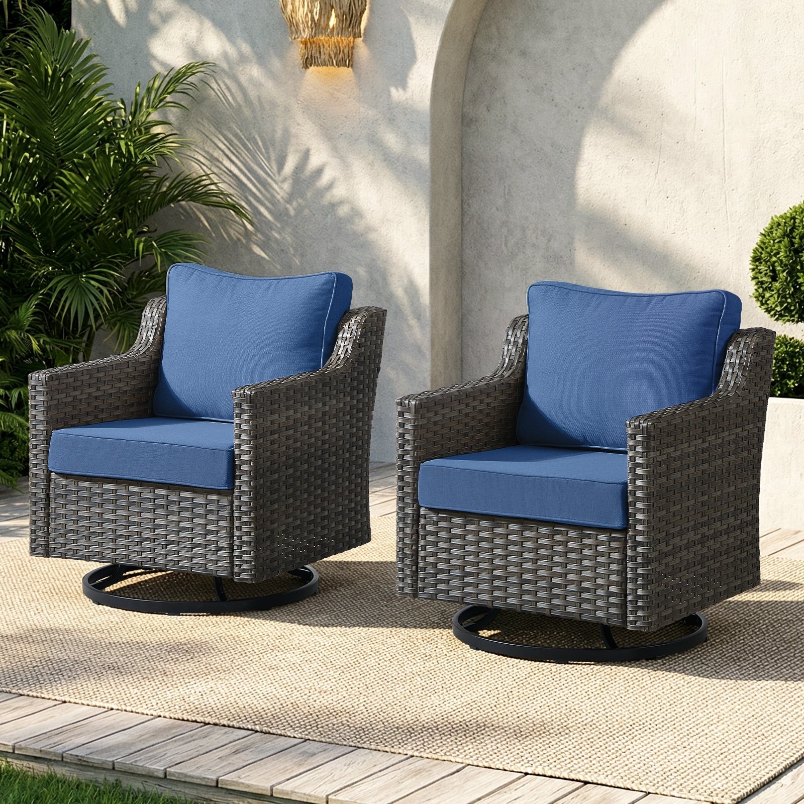 Meyreso Gray Wicker Outdoor Swivel Glider Chairs With 4 Inch Thick Cushions 2 Pack