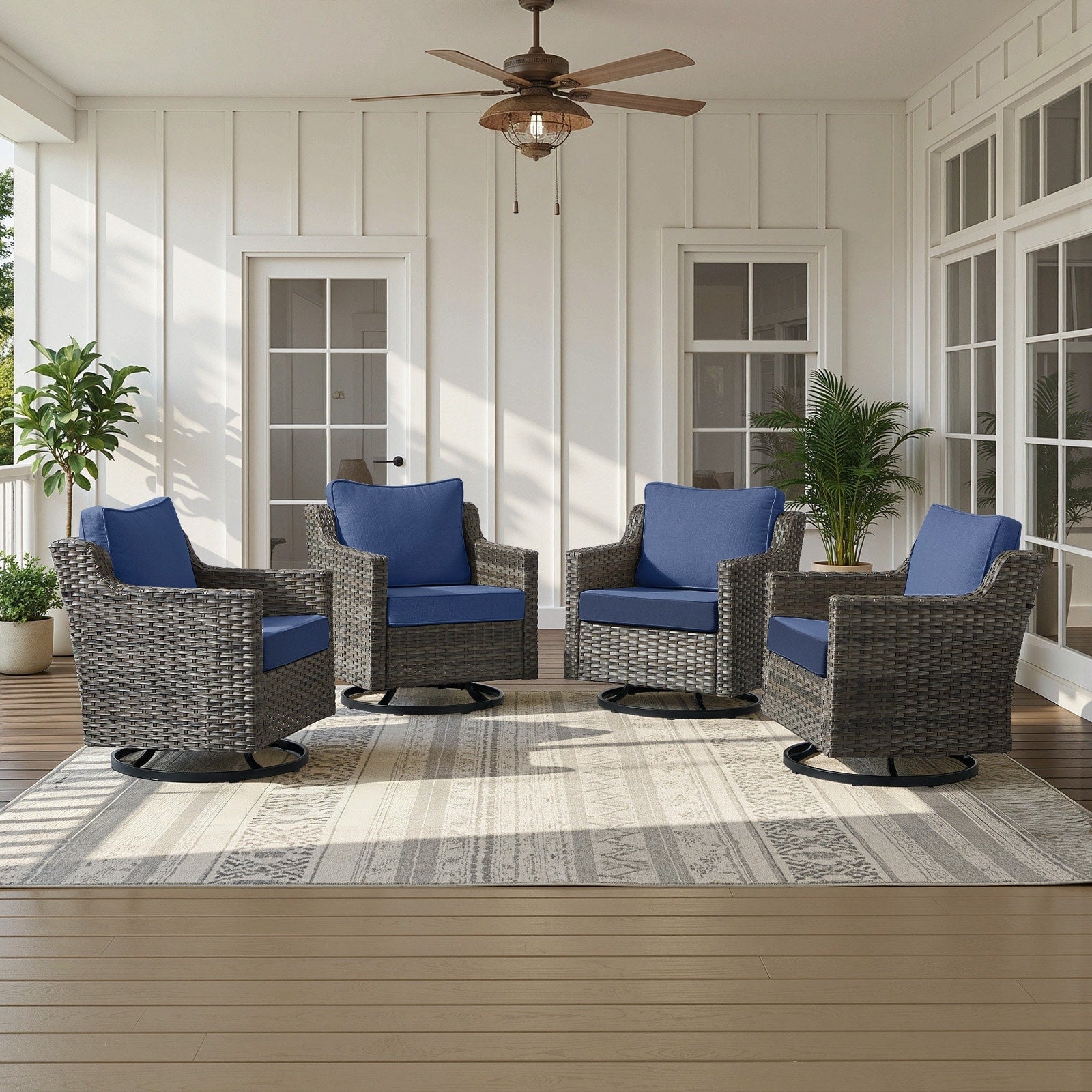 Meyreso Gray Wicker Outdoor Swivel Glider Chairs With 4 Inch Thick Cushions 4 Pack