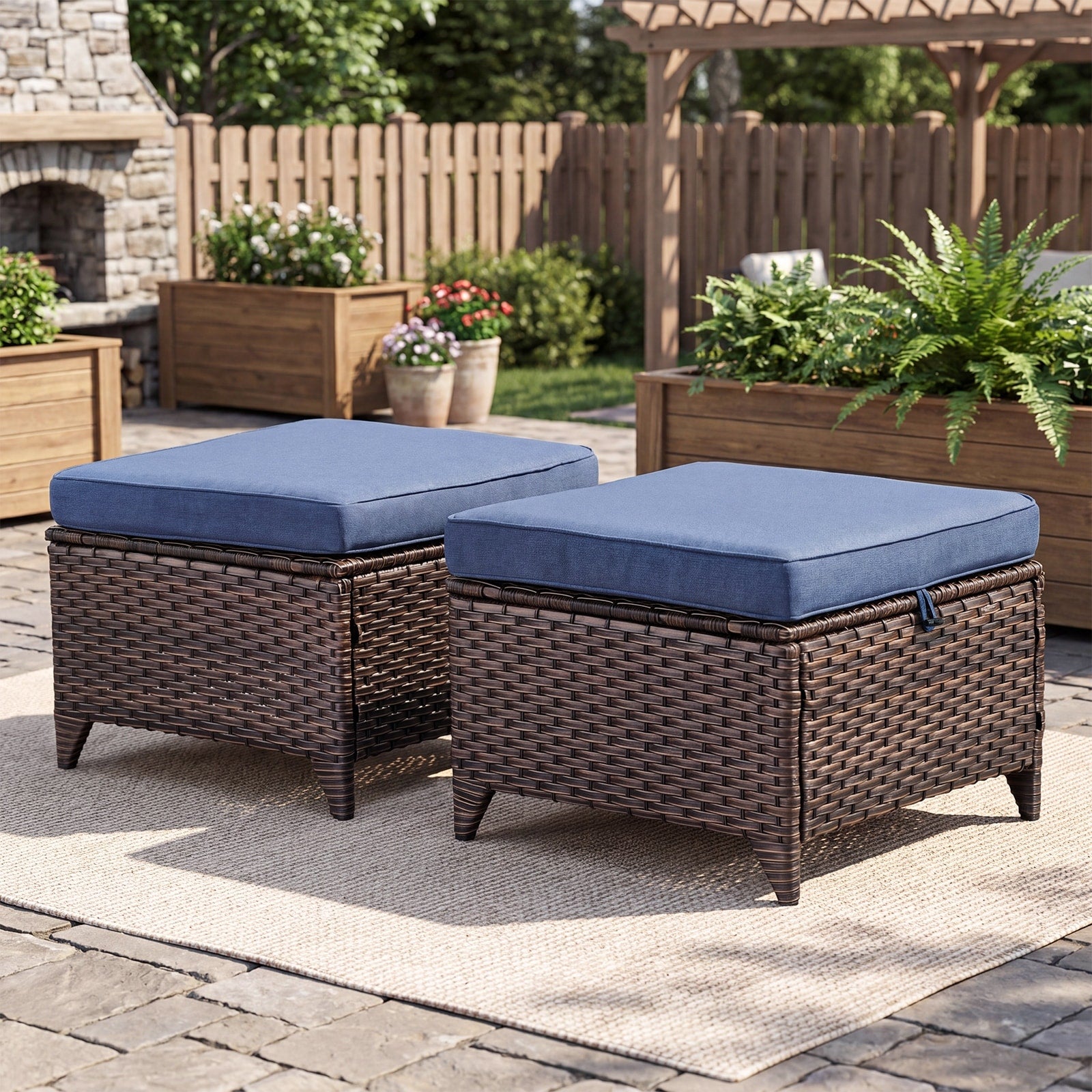 Meyreso Outdoor Wicker Ottoman With Cushion 22.8 L X 22.8 W X 13.7 H Coffee Table Footrest Extra Seat