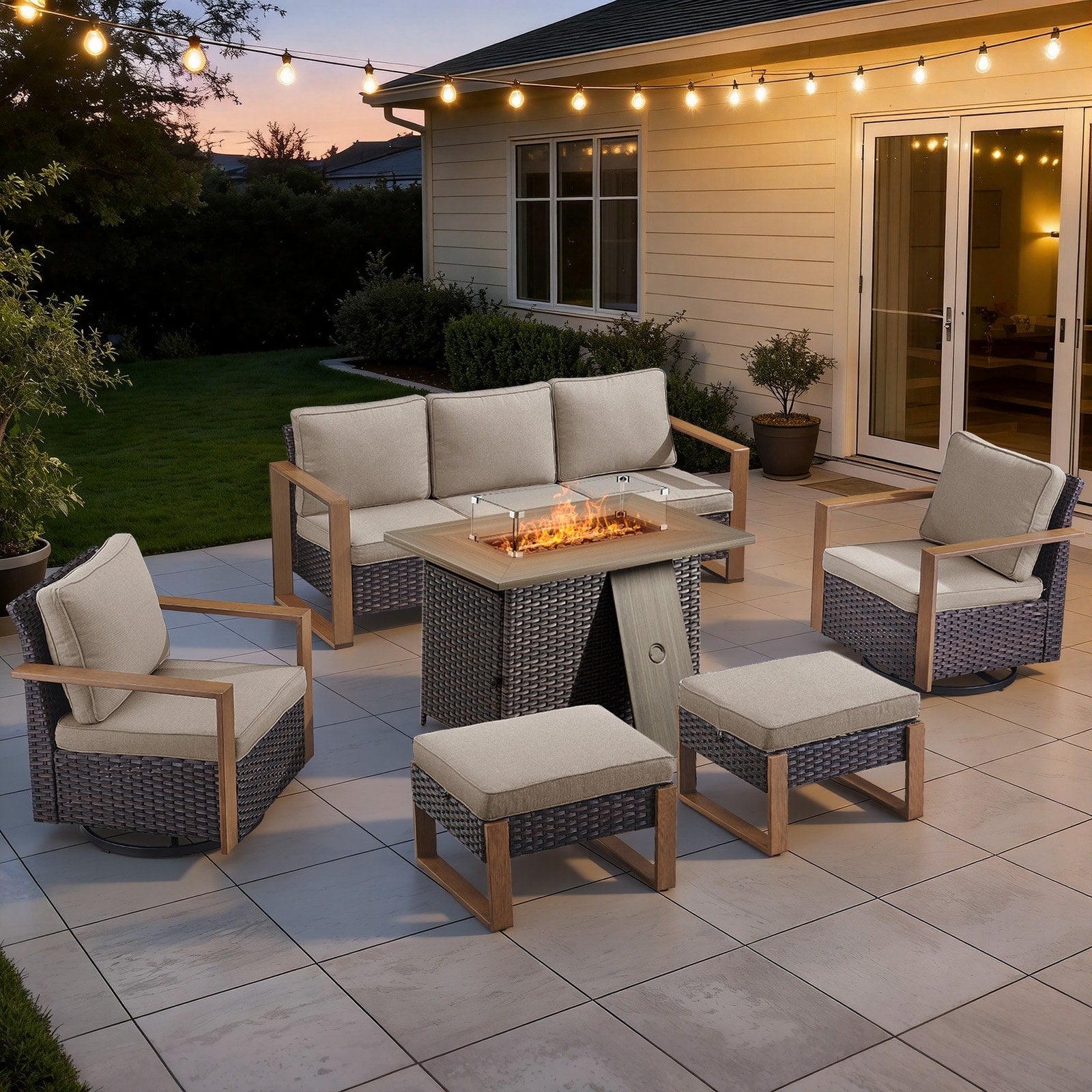 Meyreso Wicker Outdoor Patio Fire Pit Set With Swivel Gliders 4.5 Olefin Cushions