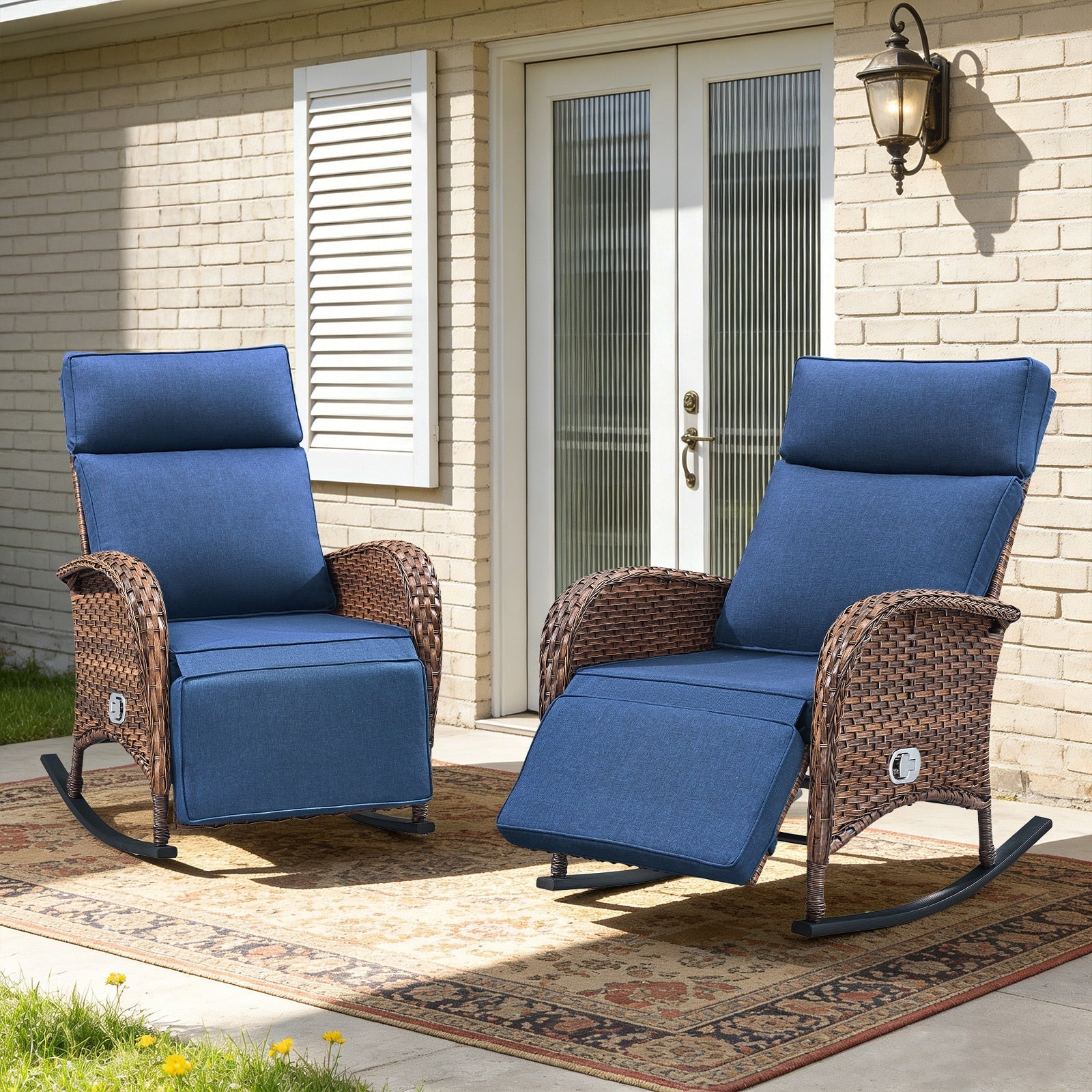 Meyreso Wicker Rocking Reclining Chaise Lounge With Adjustable Backrest Footrest 2 Pack