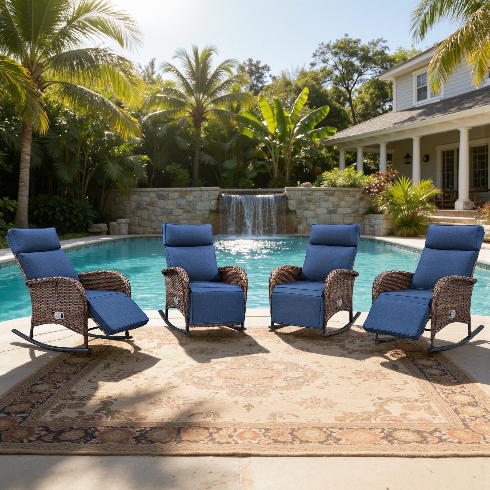 Meyreso Wicker Rocking Reclining Chaise Lounge With Adjustable Backrest Footrest 4 Pack