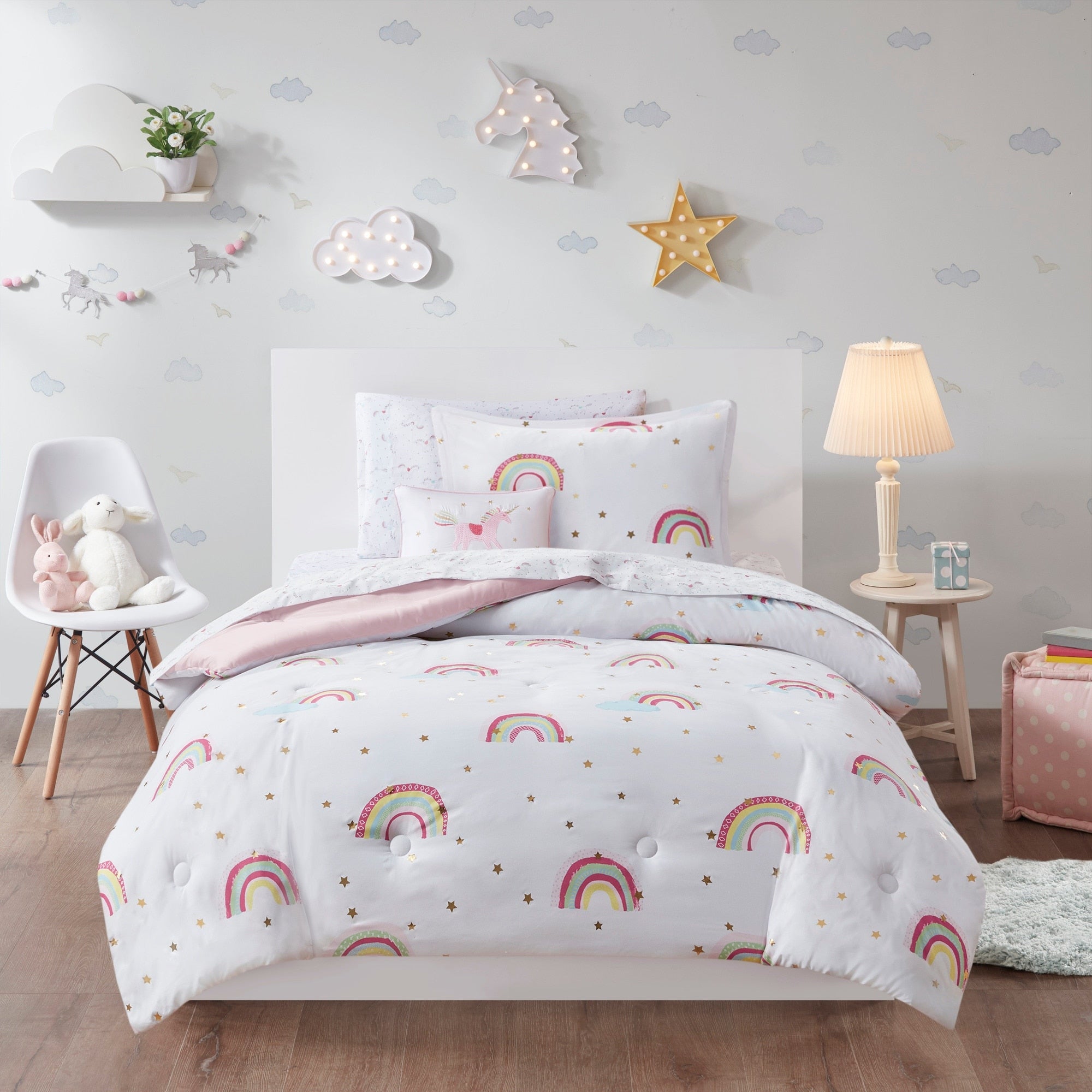 Mi Zone Kids Mia Pink Rainbow With Metallic Printed Stars Complete Bed And Sheet Set