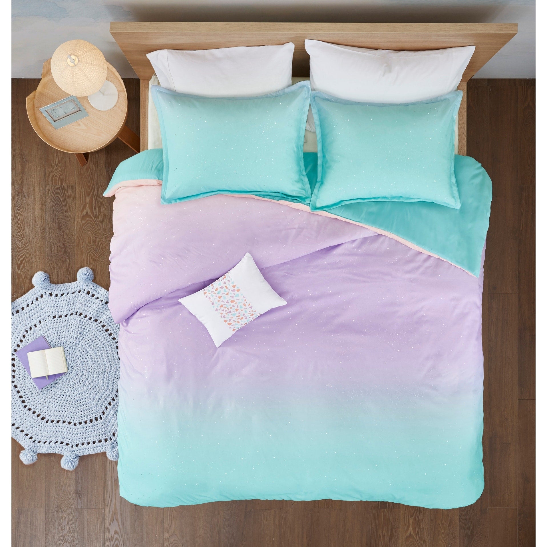 Mi Zone Sparkle Aqua Metallic Glitter Printed Reversible Duvet Cover Set