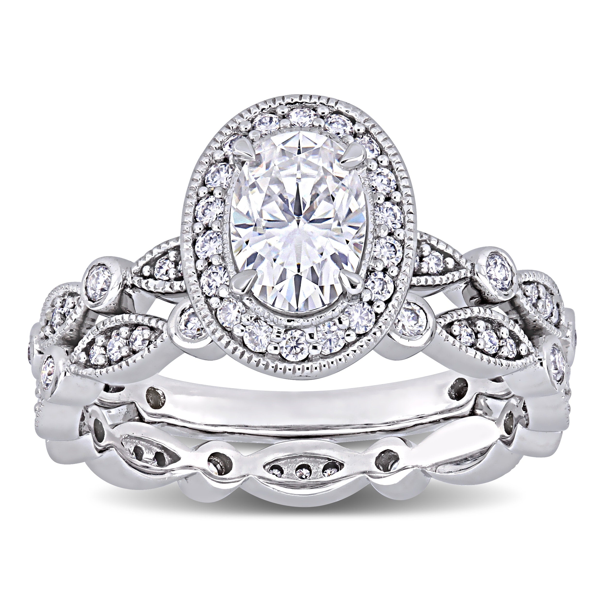 Moissanite By Miadora 10K White Gold Oval And Round Cut Moissanite Halo Infinity Bridal Set