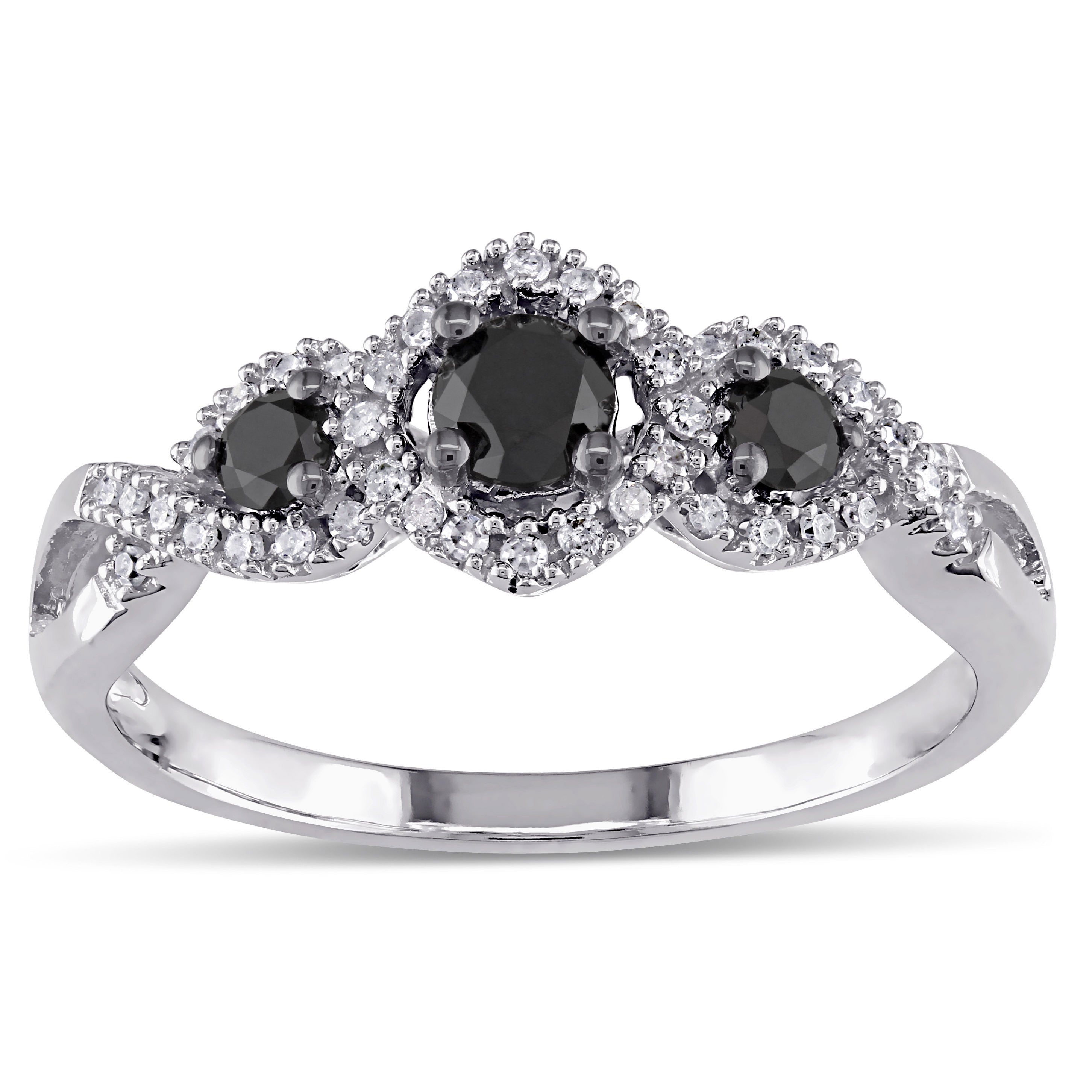 Miadora 1 2 Ct Black And White Diamond 3 Stone Ring With 10K White Gold Band