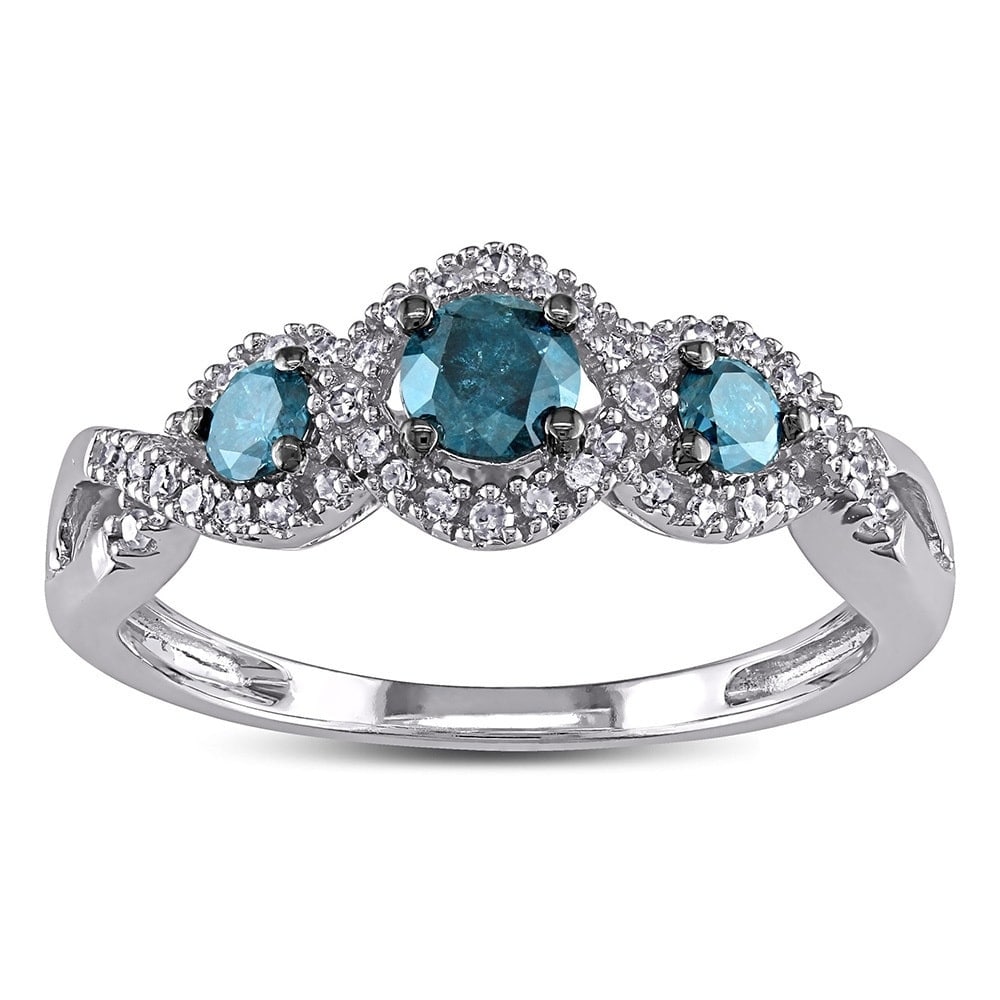 Miadora 1 2Ct Blue And White Diamond Tw 3 Stone Ring 14K White Gold Rhodium Plated