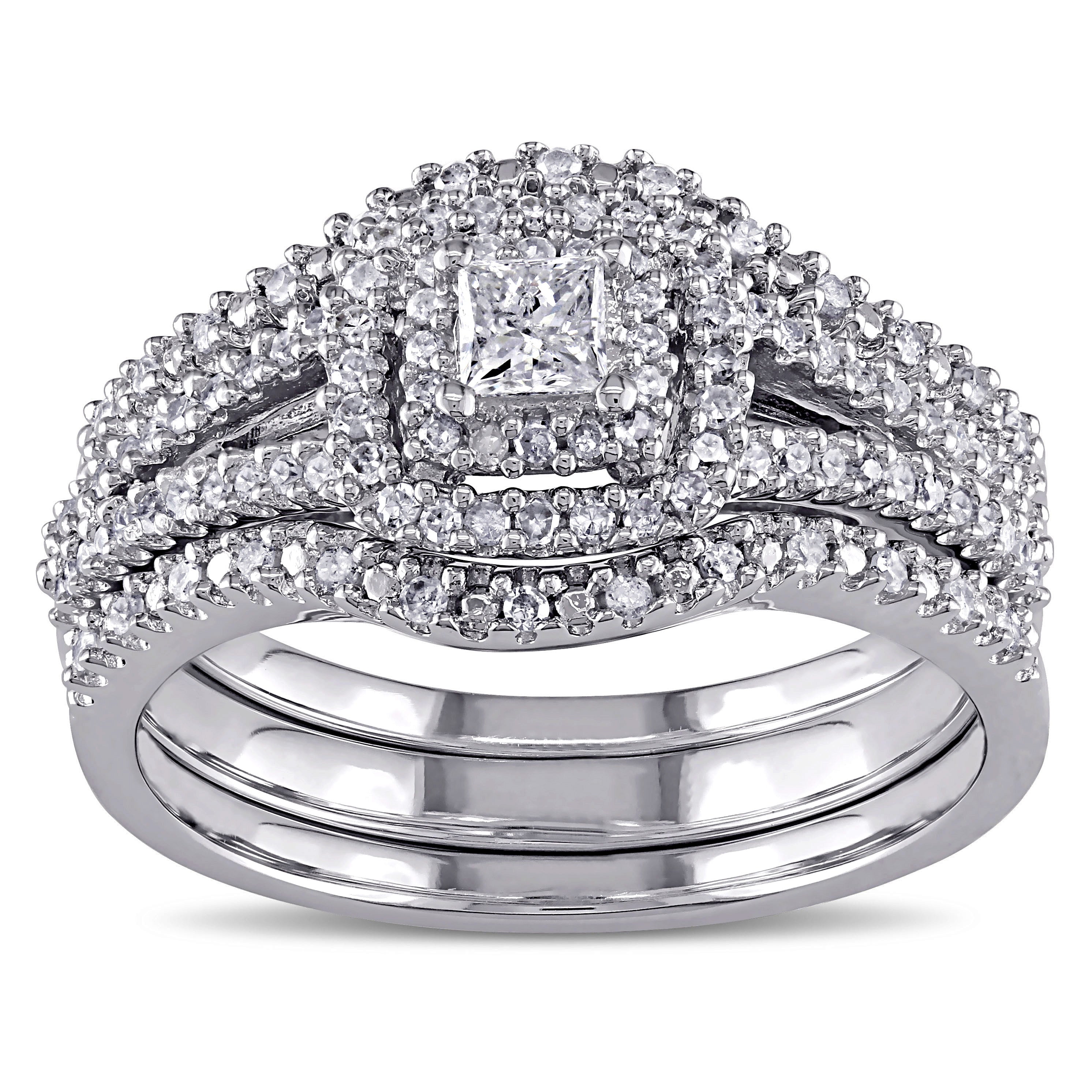 Miadora 1 2Ct Tdw Princess And Round Cut Diamond Halo Split Shank Bridal Set In Sterling Silver