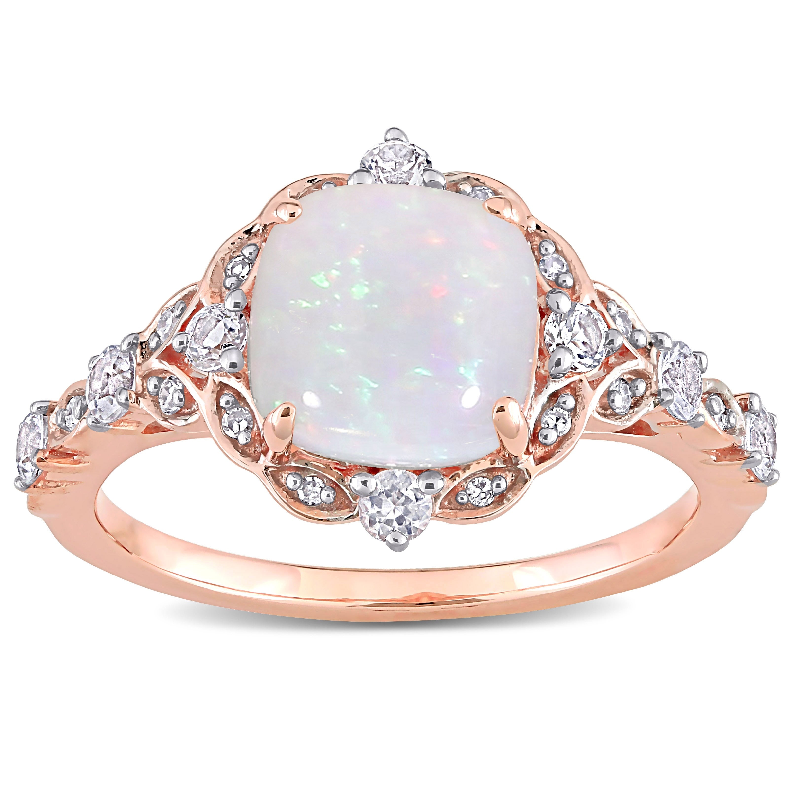 Miadora 10K Rose Gold Cushion Opal White Sapphire And Diamond Accent Vintage Halo Engagement Ring