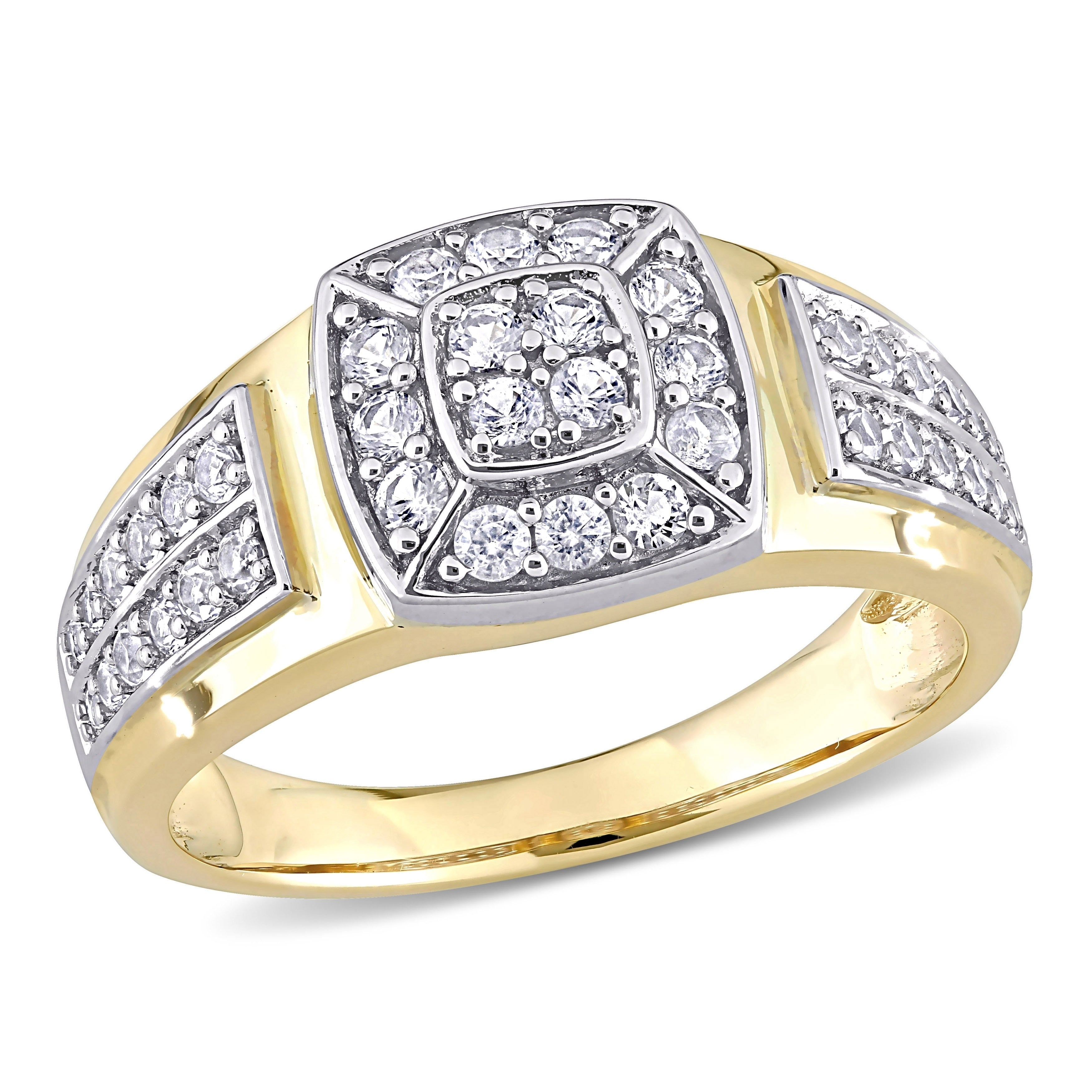Miadora 10K 2 Tone White Yellow Gold Mens Created White Sapphire Cluster Halo Wedding Band Ring
