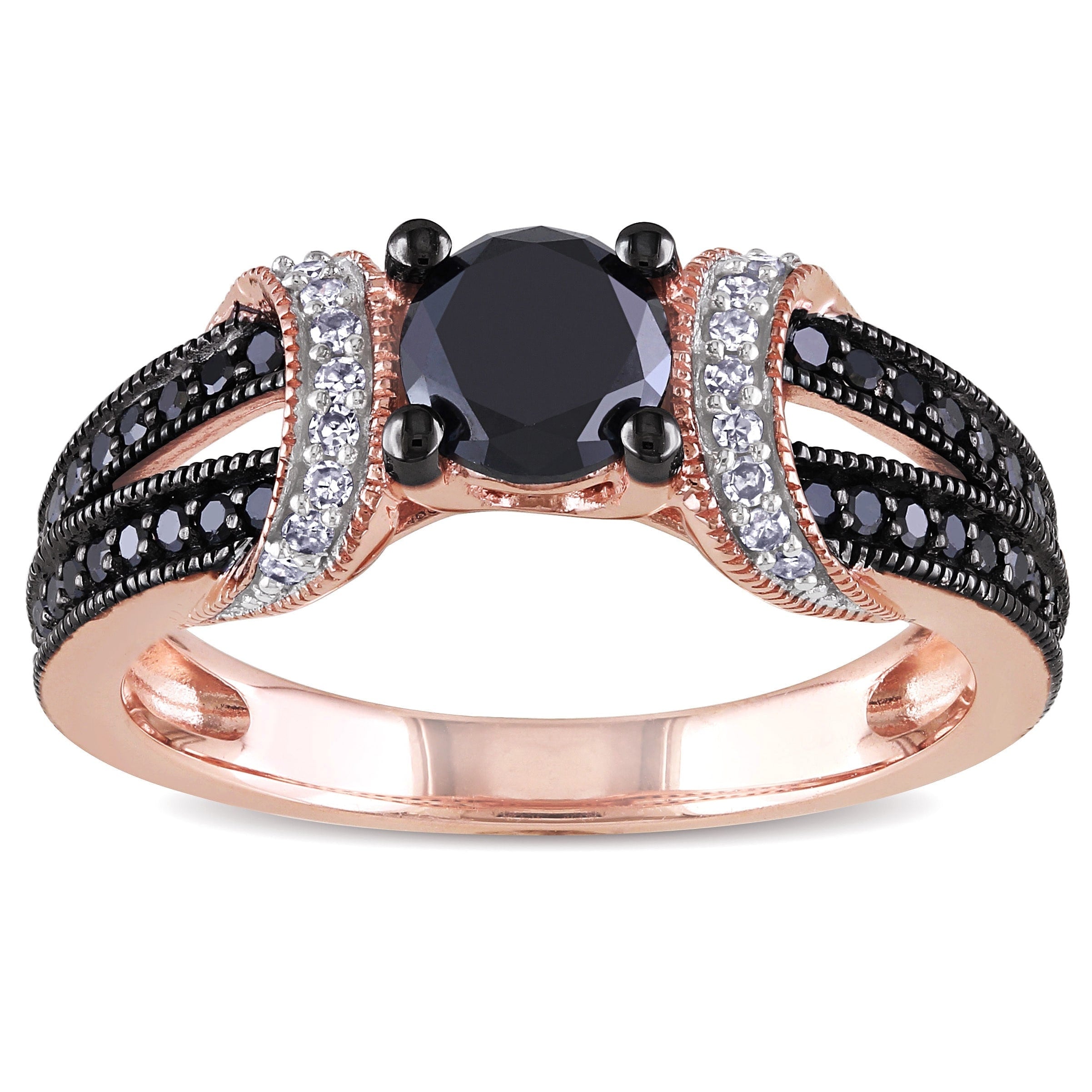 Miadora 10K Rose Gold 1Ct Tdw Black And White Diamond Split Shank Engagement Ring