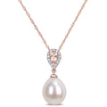 Miadora 10K Rose Gold Cultured Fw Pearl Diamond And Morganite Drop Halo Necklace 9 9.5 Mm