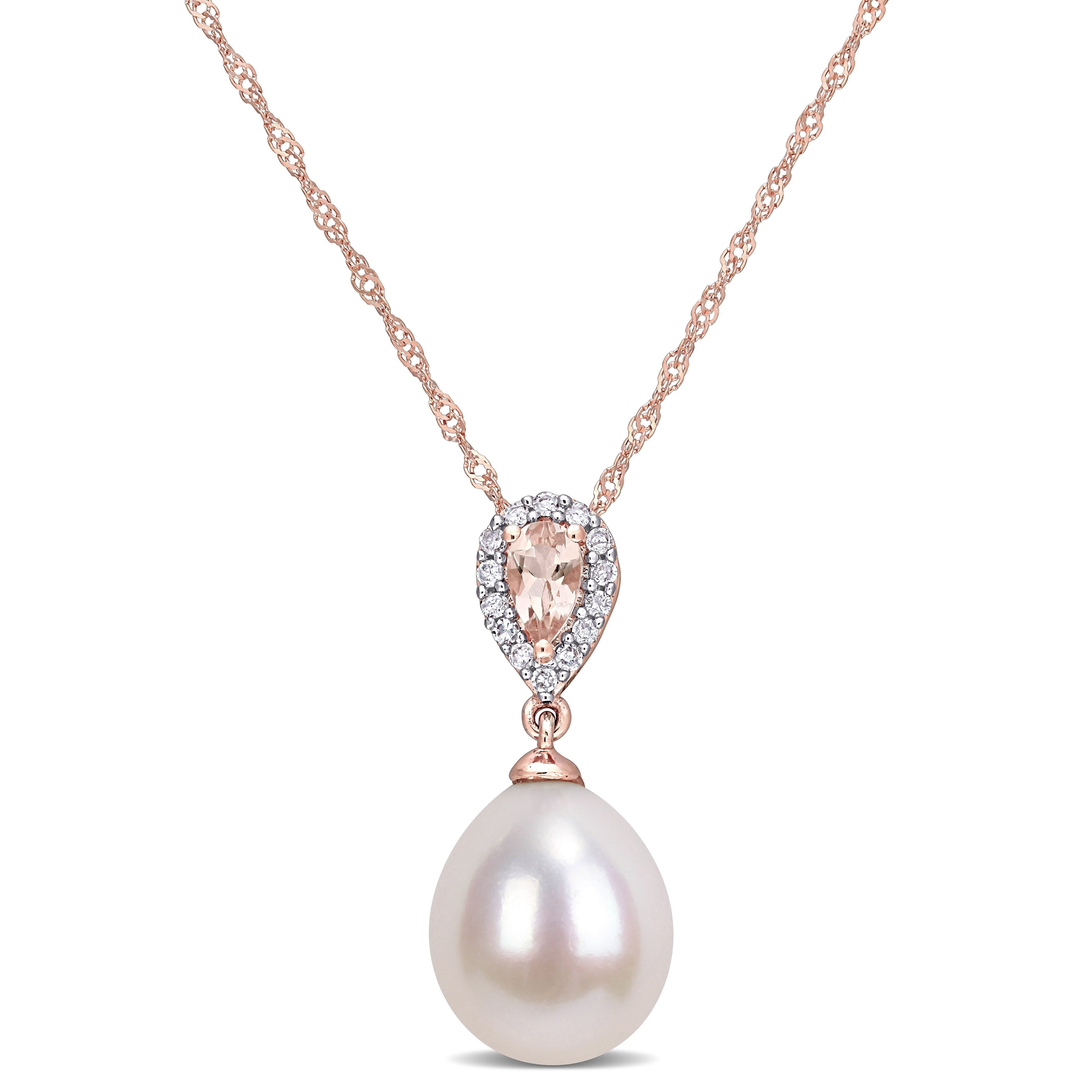 Miadora 10K Rose Gold Cultured Fw Pearl Diamond And Morganite Drop Halo Necklace 9 9.5 Mm