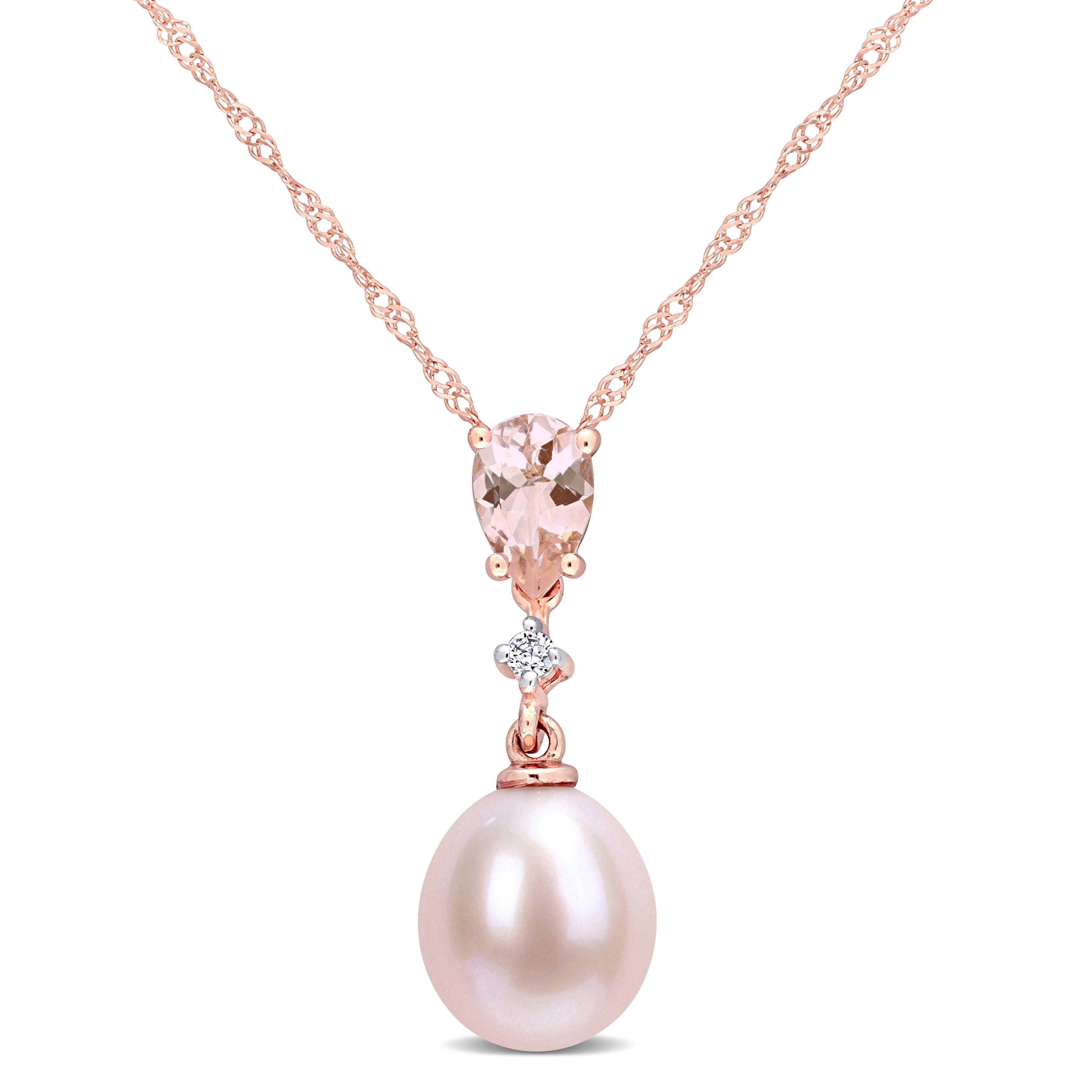 Miadora 10K Rose Gold Cultured Fw Pink Pearl Morganite Diamond Accent Teardrop Necklace 9 9.5Mm
