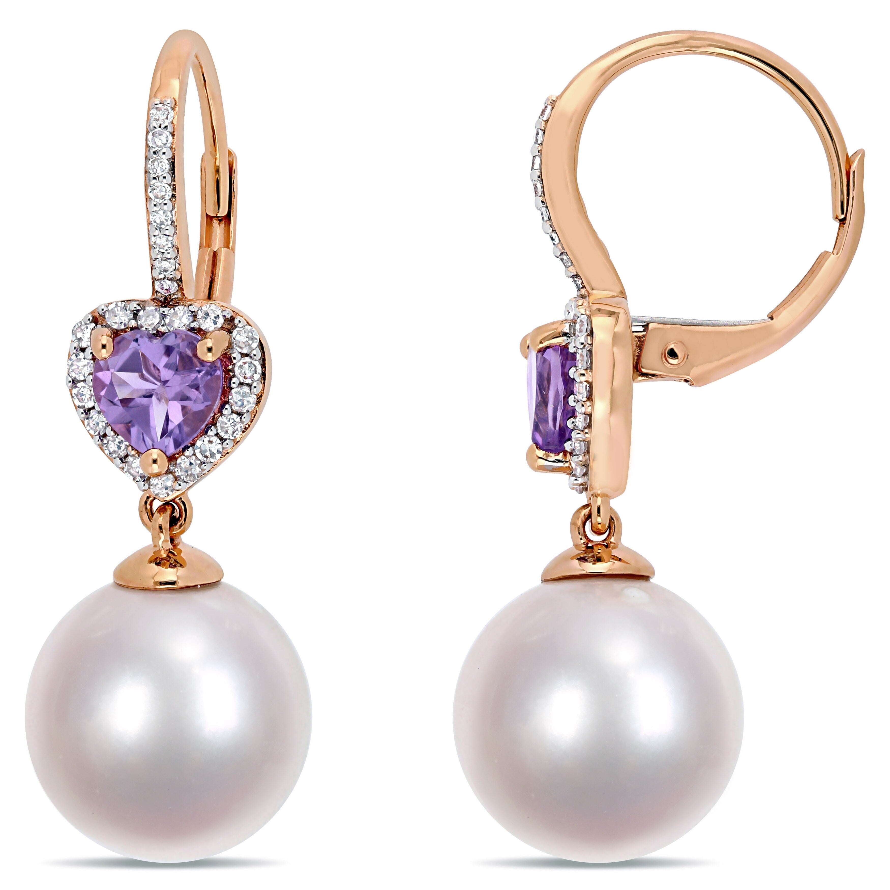 Miadora 10K Rose Gold Cultured Freshwater Pearl 1 5Ct Tdw Diamond Amethyst Heart Drop Earrings 11 12Mm