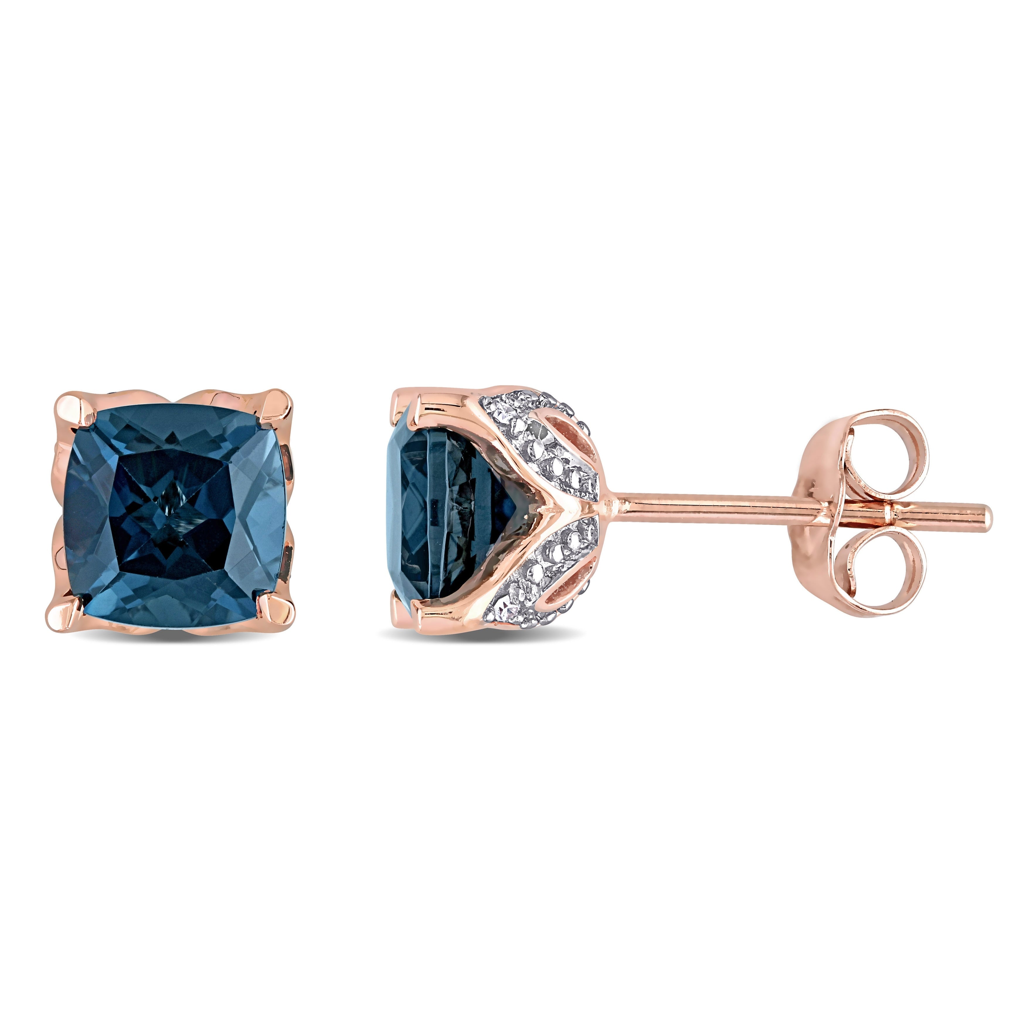 Miadora 10K Rose Gold Cushion London Blue Topaz And Diamond Accent Solitaire Stud Earrings 6.7 Mm X 6.7 Mm X 6.1 Mm