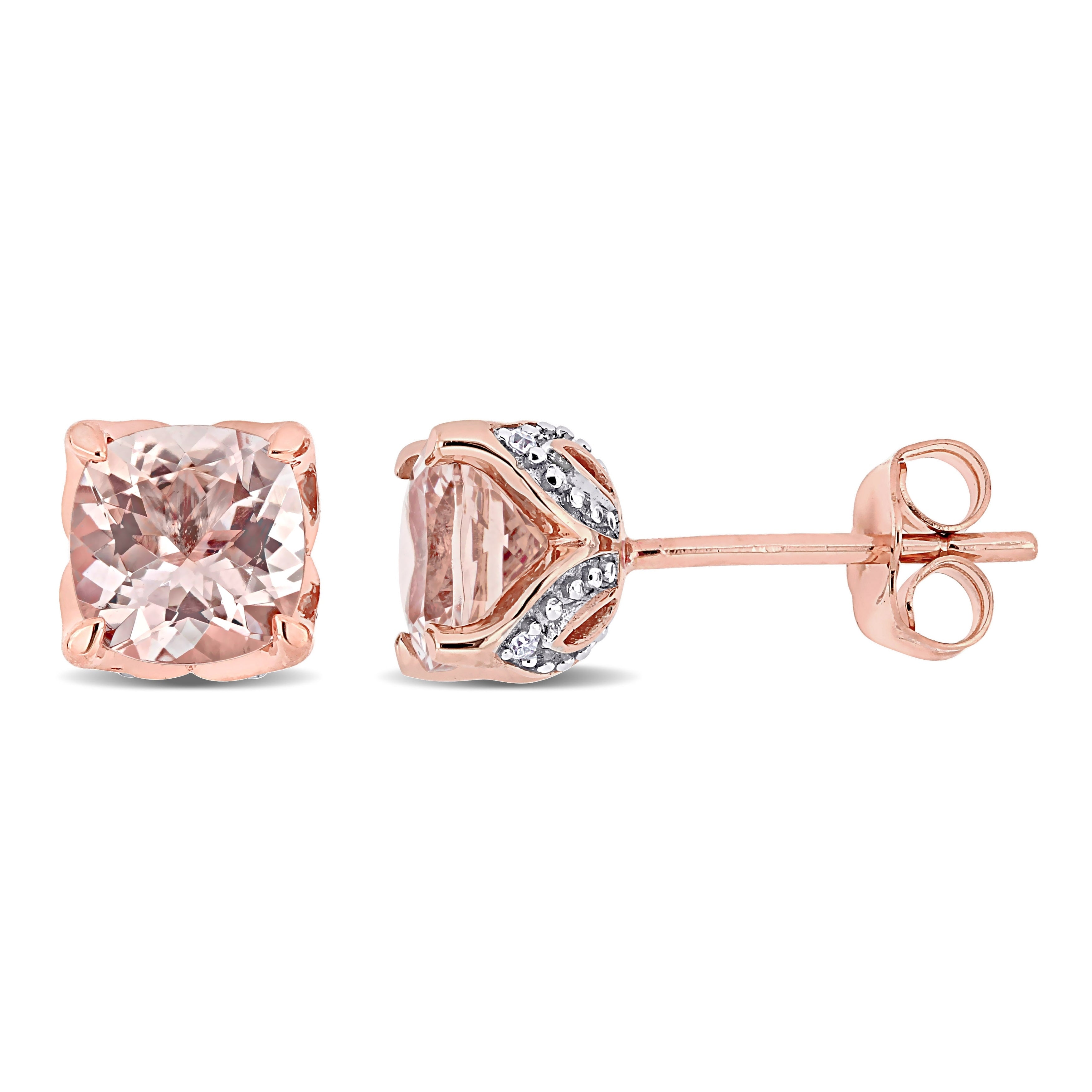 Miadora 10K Rose Gold Cushion Cut Morganite Diamond Accent Solitaire Stud Earrings 6.5Mm X 6.5Mm X 5.7Mm