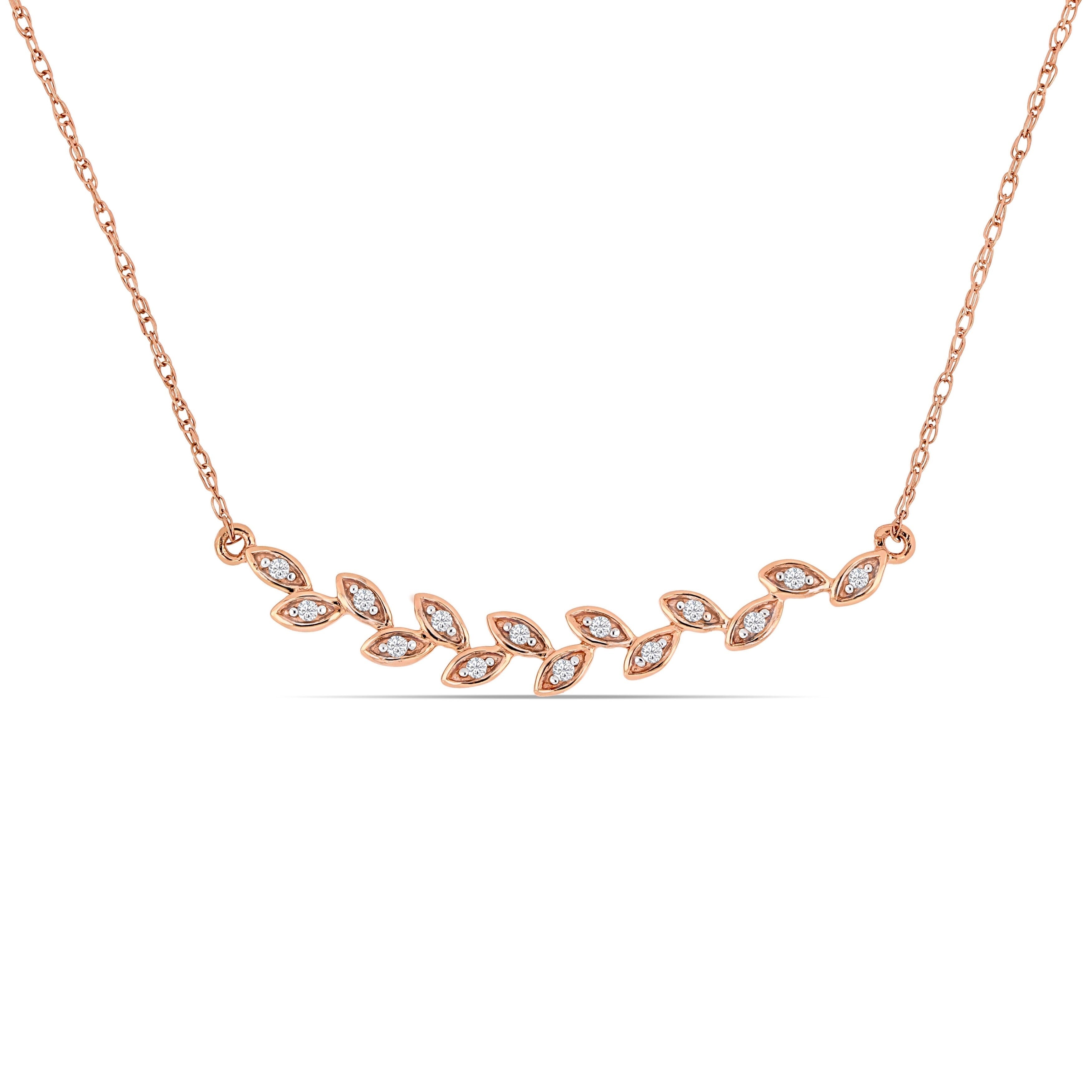 Miadora 10K Rose Gold Diamond Stationed Bar Leaf Necklace