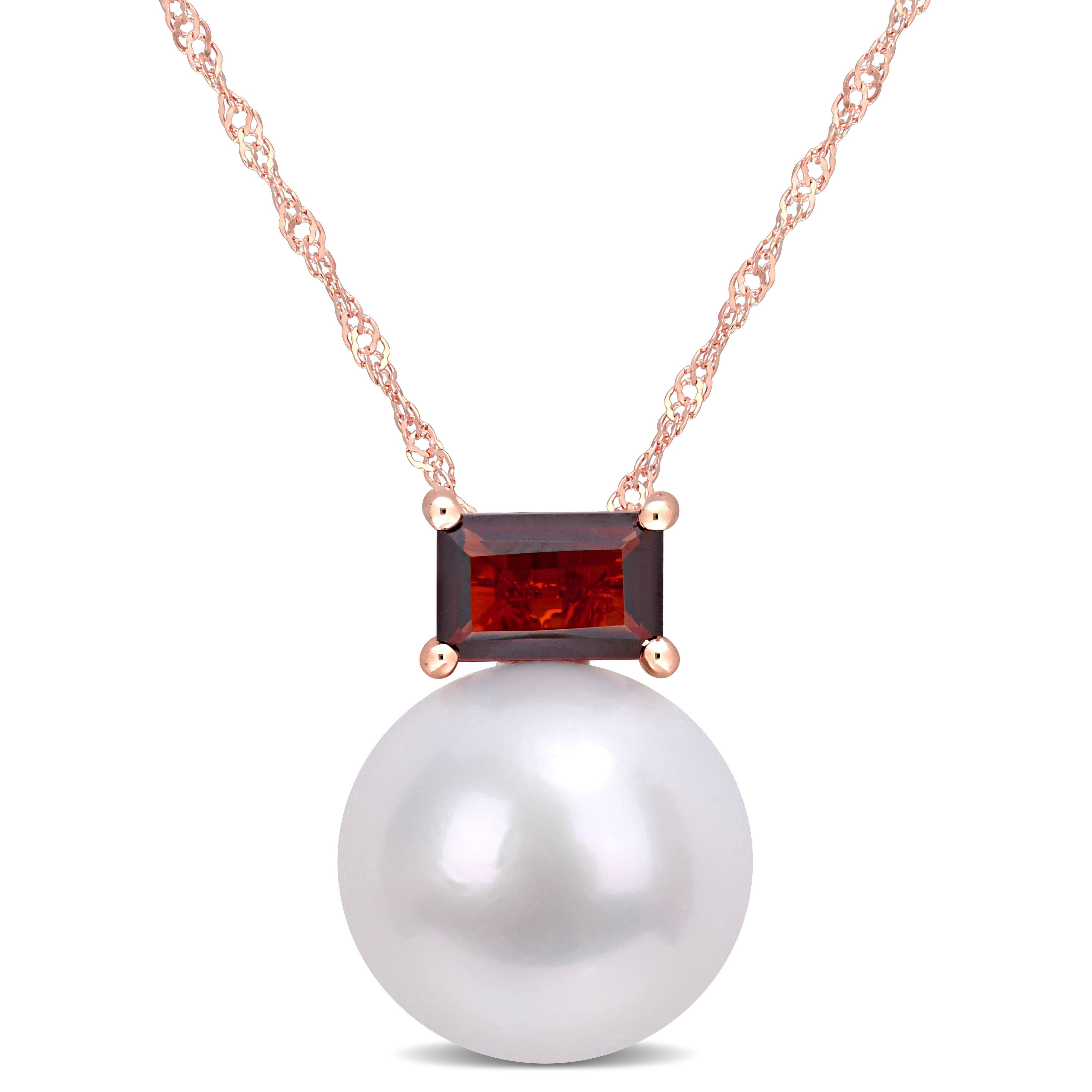 Miadora 10K Rose Gold Freshwater Cultured Pearl Garnet Solitaire Drop Necklace 11 12Mm