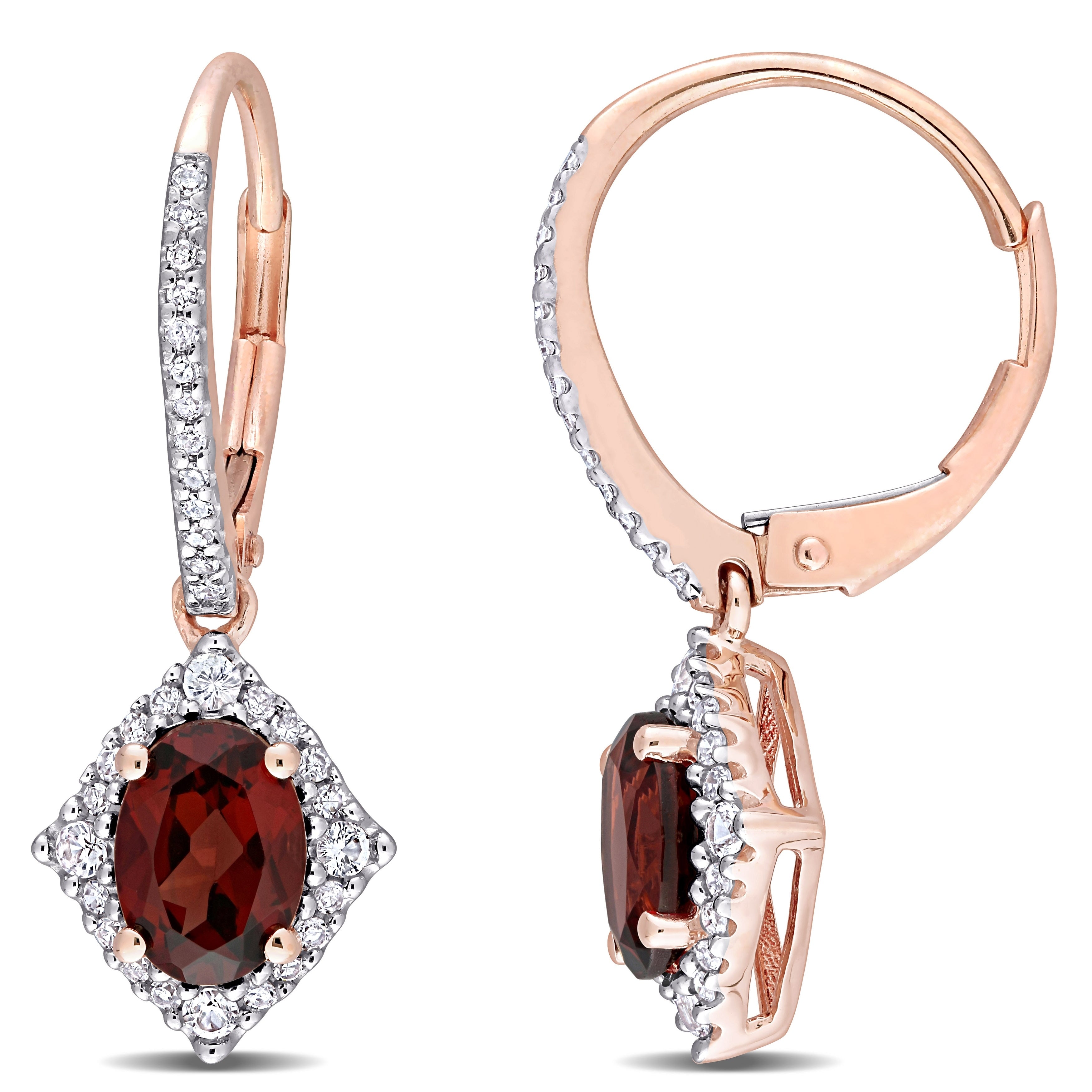 Miadora 10K Rose Gold Garnet White Sapphire And 1 5Ct Tdw Diamond Halo Leverback Earrings 25.6Mm X 9.6Mm X 13.7Mm
