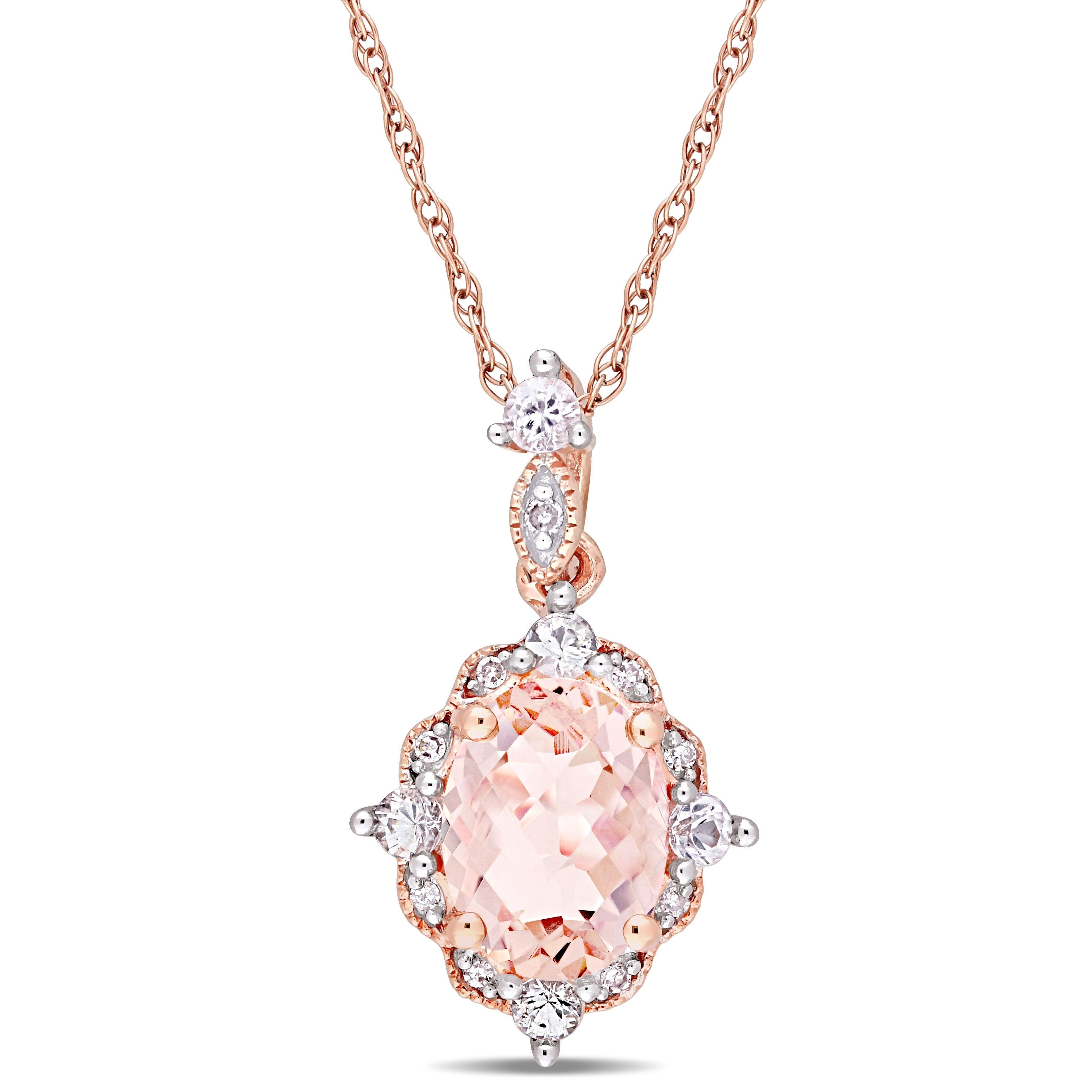 Miadora 10K Rose Gold Morganite White Sapphire Diamond Vintage Halo Necklace