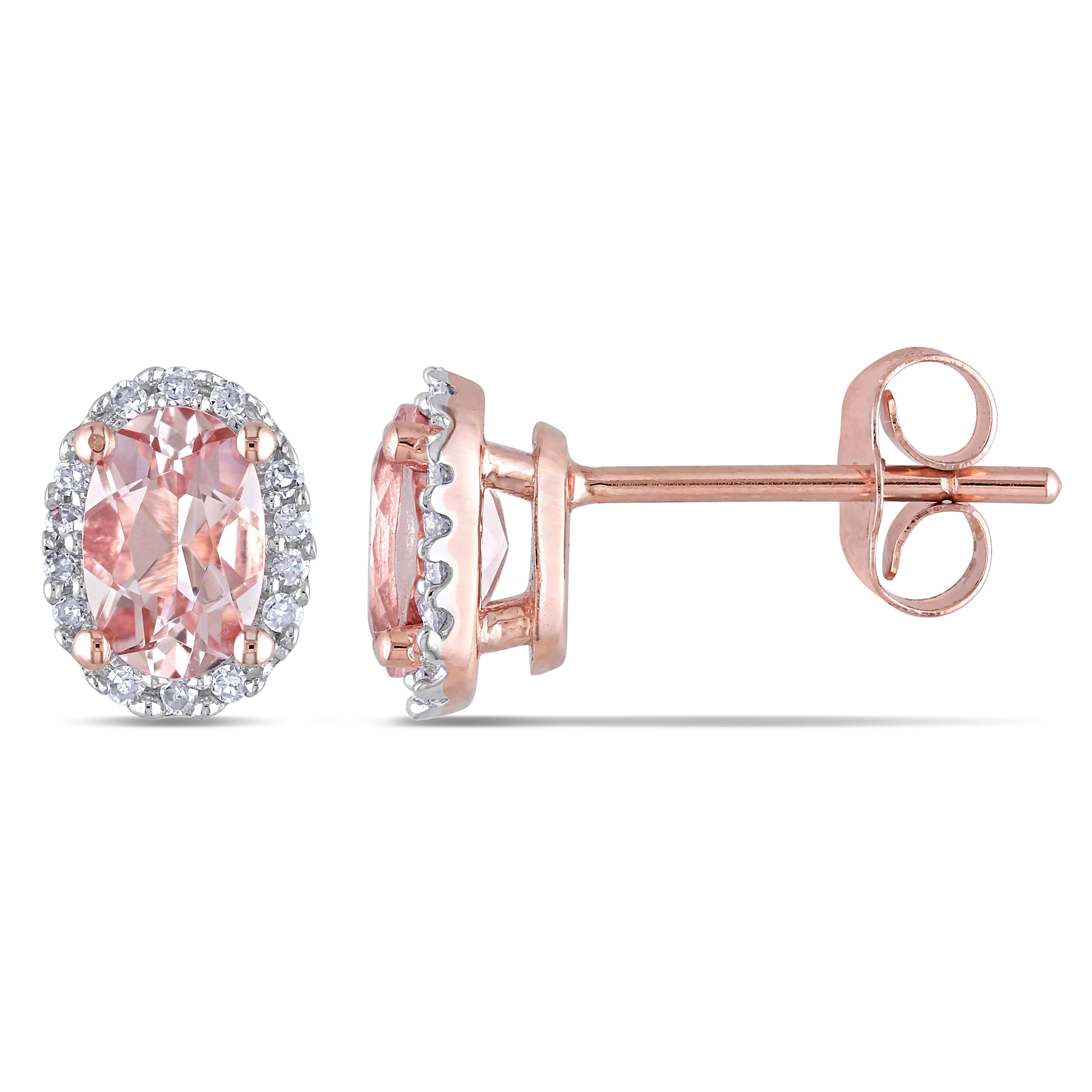 Miadora 10K Rose Gold Oval Cut Morganite And 1 10Ct Tdw Diamond Halo Earrings