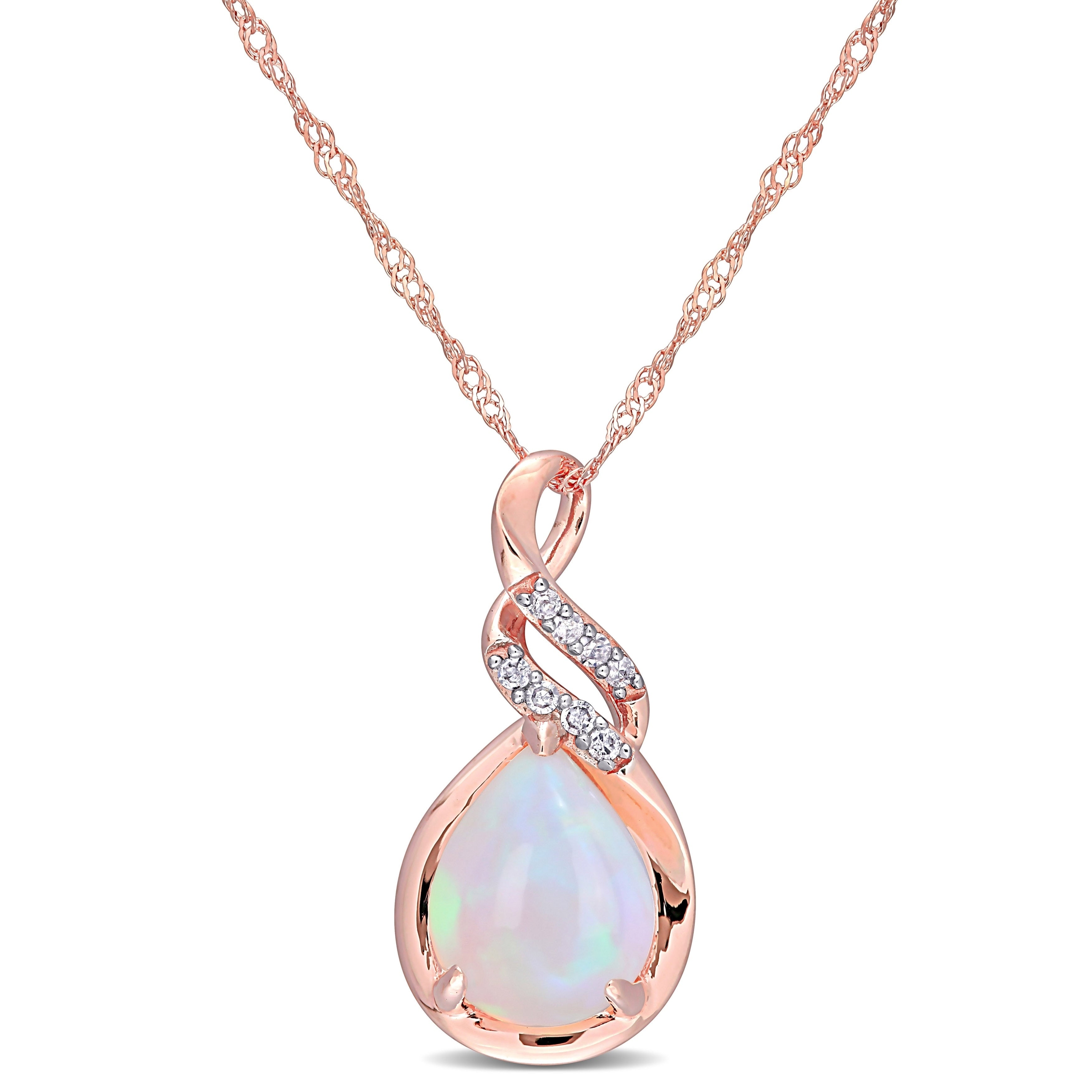 Miadora 10K Rose Gold Pear Cut Blue Ethiopian Opal And Diamond Halo Drop Necklace