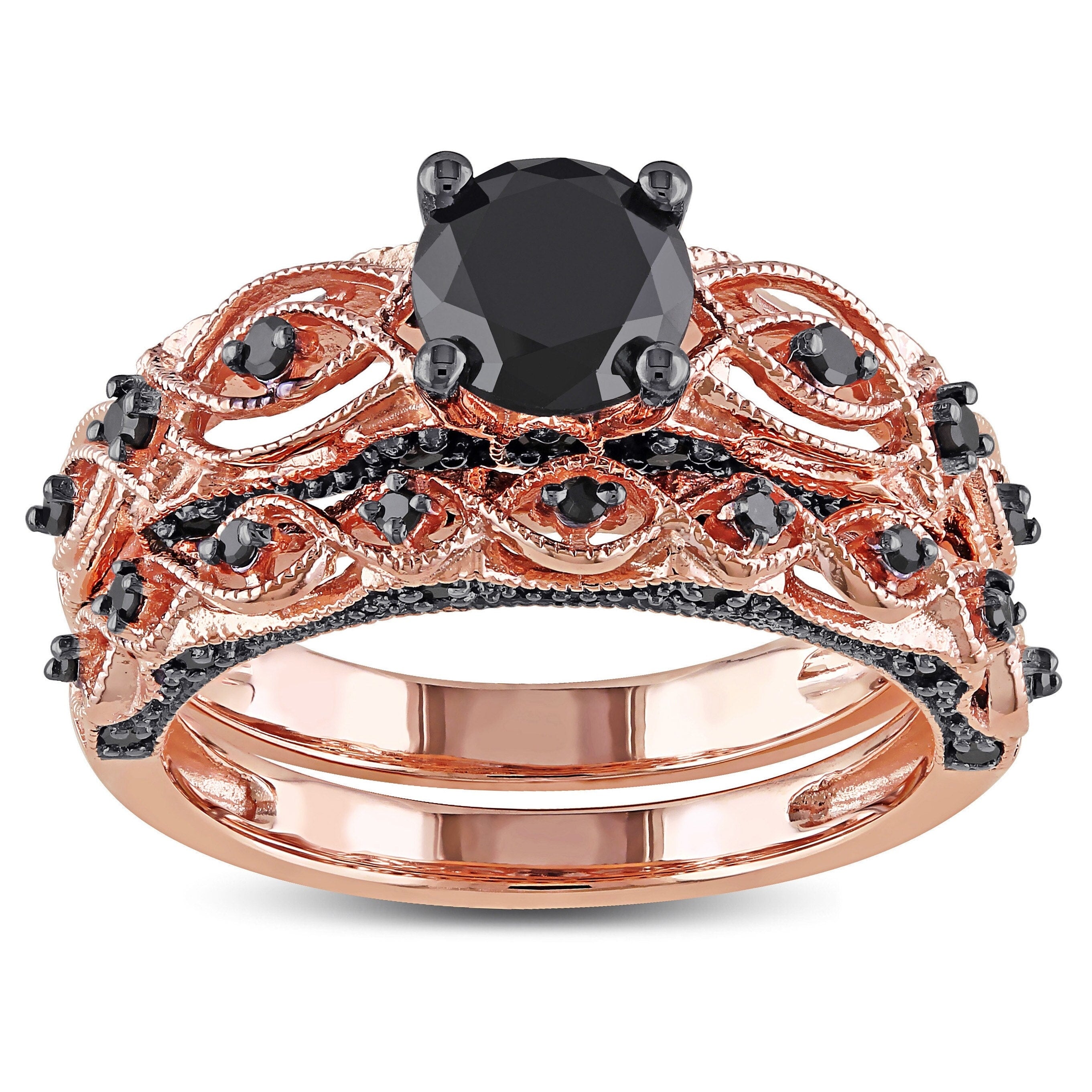 Miadora 10K Rose Gold With Black Rhodium 1 3 8Ct Tdw Black Diamond Infinity Bridal Ring Set Pink