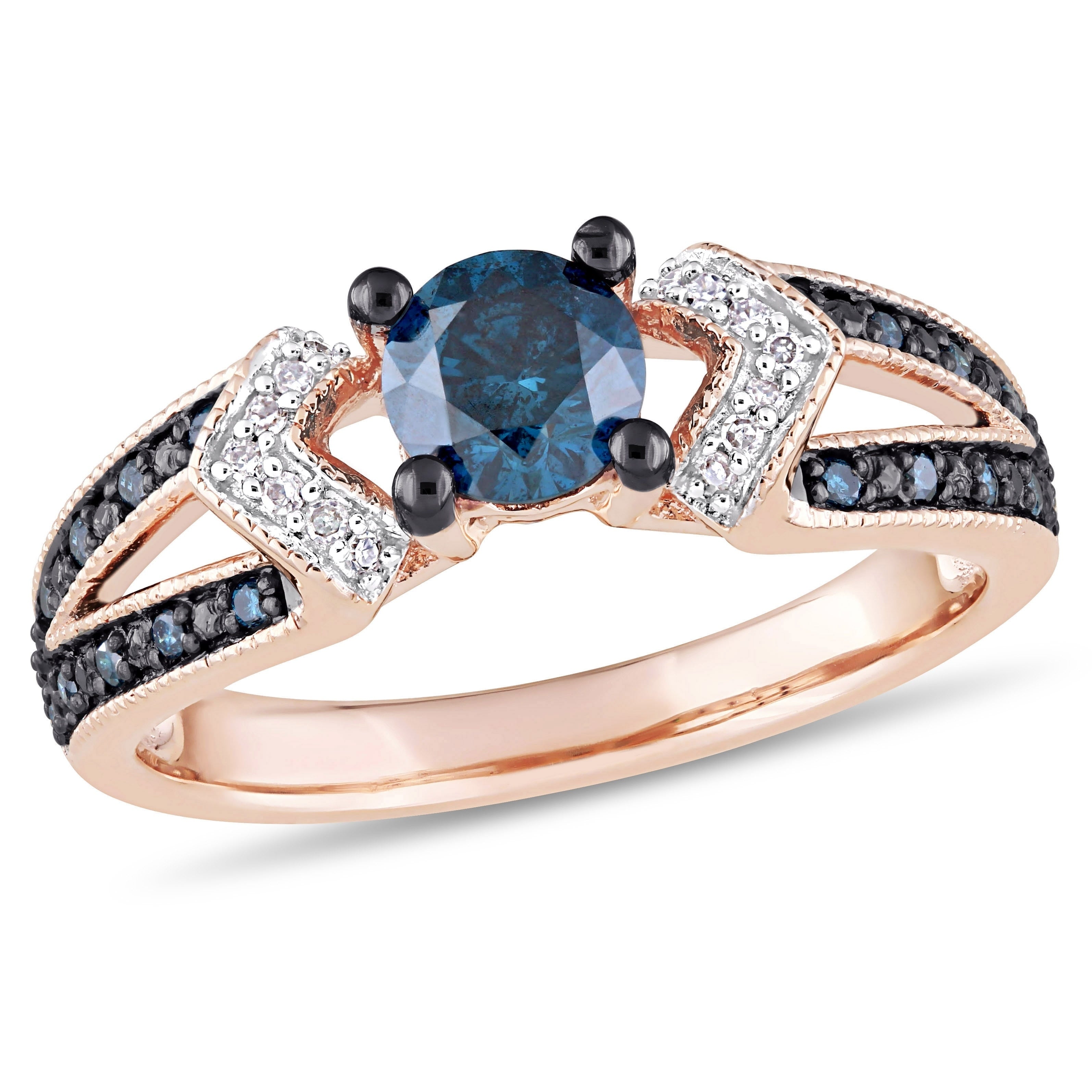 Miadora 10K Rose Gold With Black Rhodium Blue White Diamond Split Shank Ring