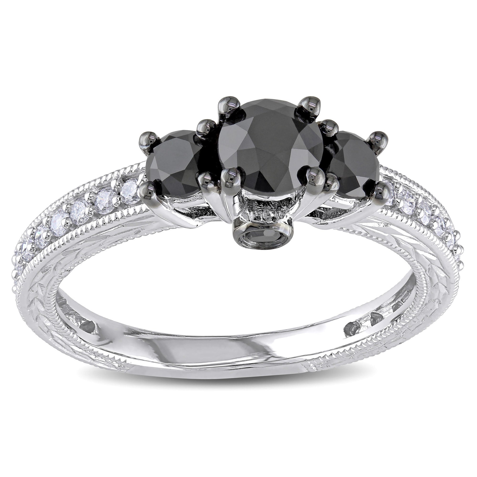Miadora 10K White Gold 1 1 4Ct Tdw Black And White Diamond 3 Stone Plus Ring