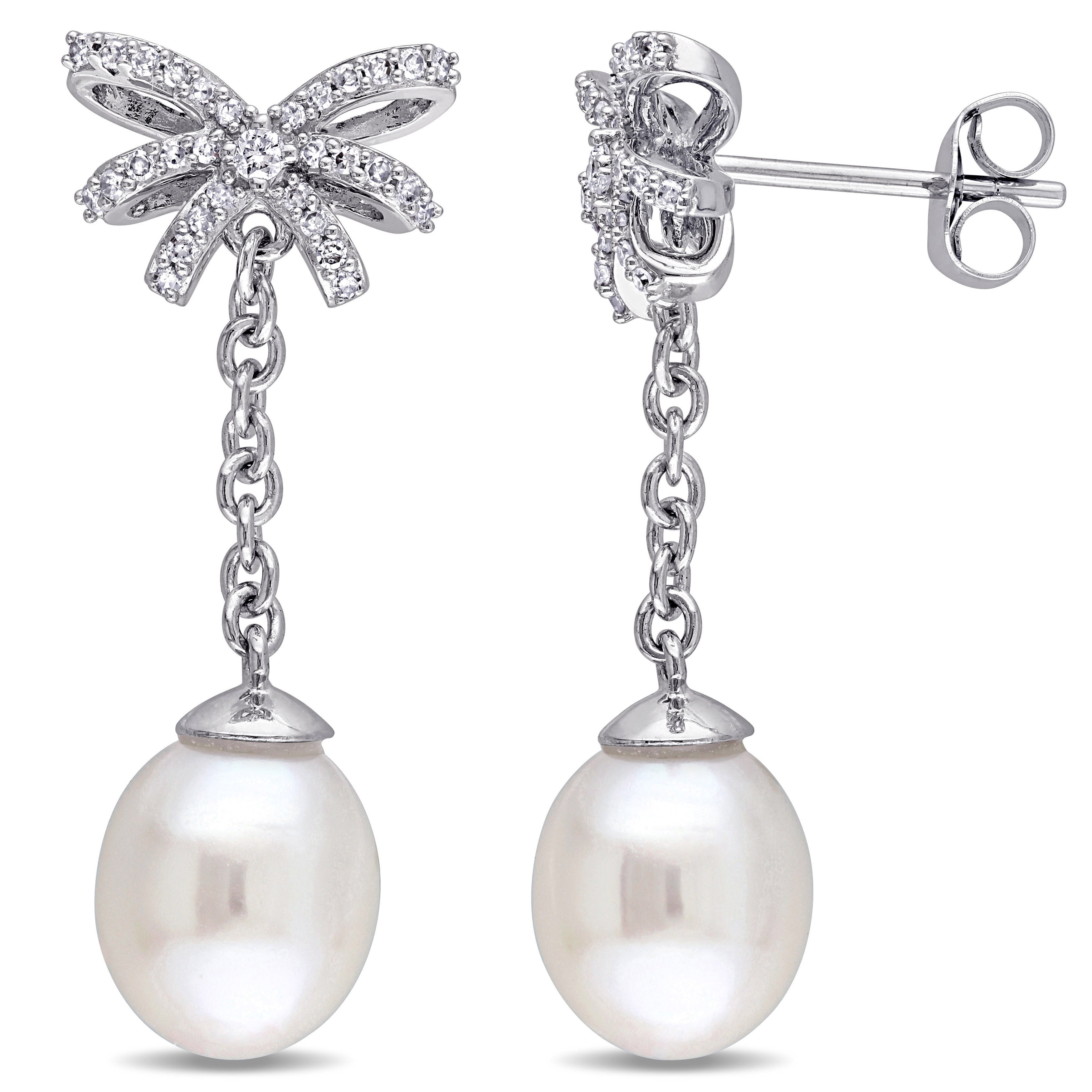Miadora 10K White Gold 1 5Ct Tdw Diamond And Cultured Freshwater Pearl Bow Dangle Earrings G H I2 I3 8 8.5 Mm