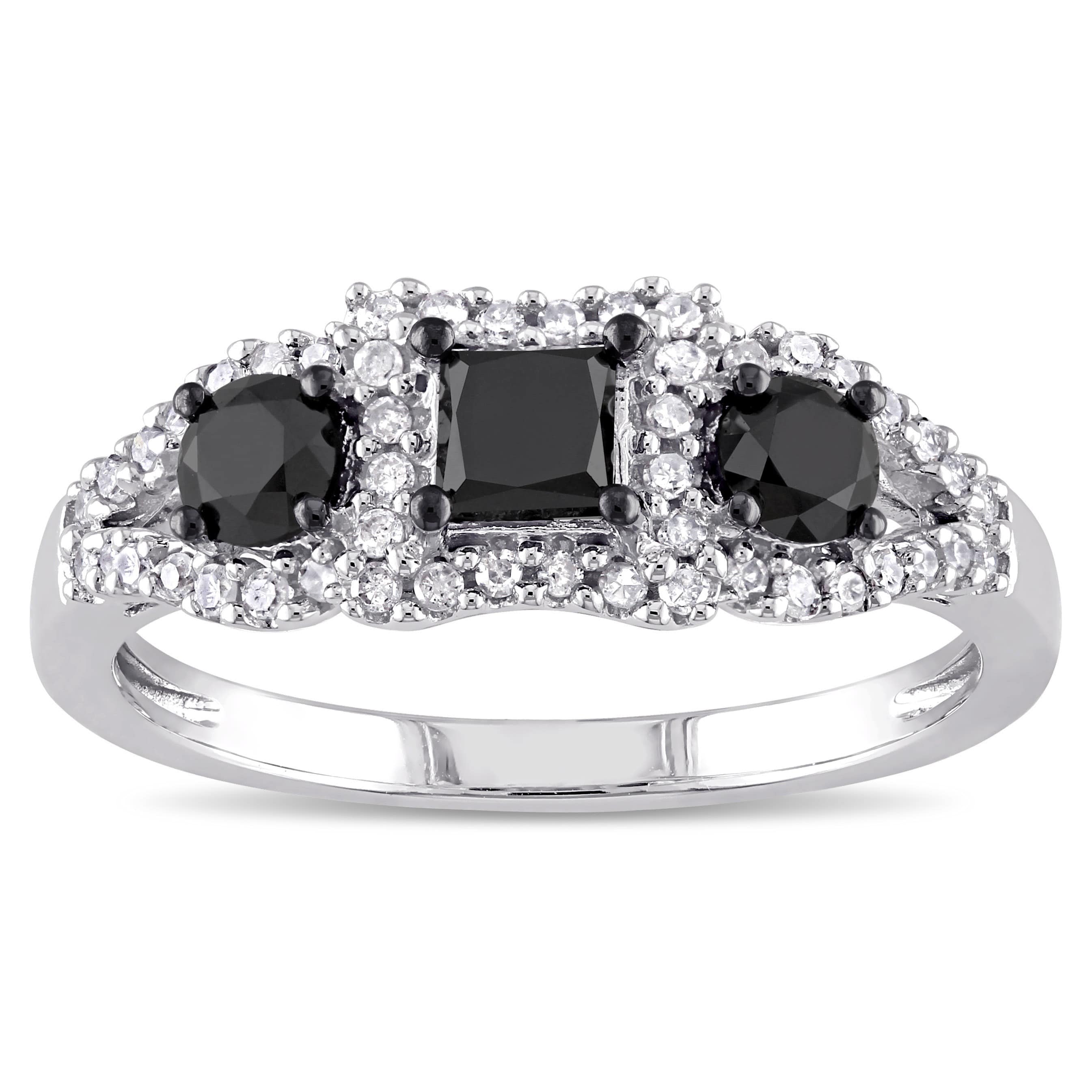 Miadora 10K White Gold 1Ct Tdw Black And White Diamond 3 Stone Halo Ring