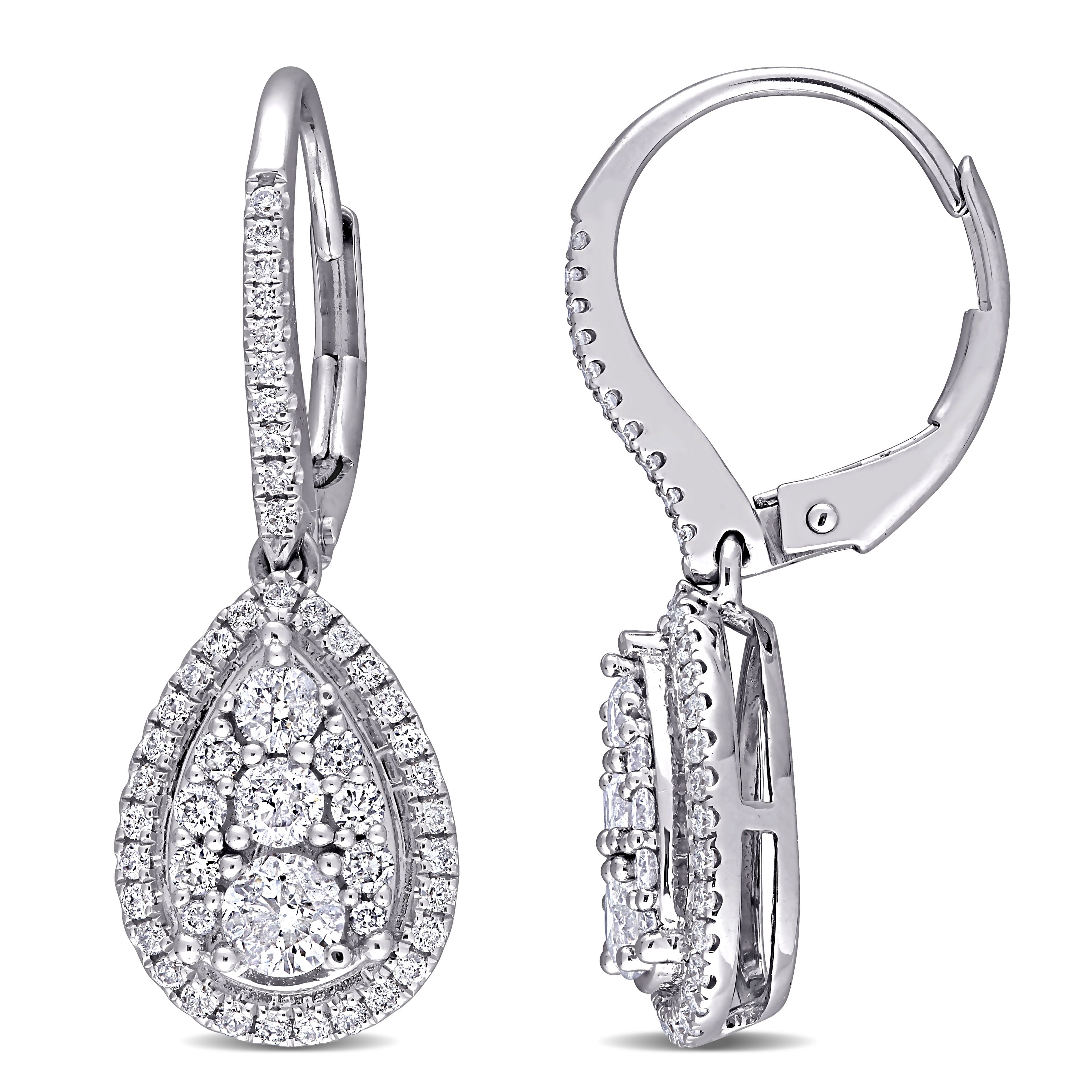 Miadora 10K White Gold 1Ct Tdw Diamond Composite Teardrop Halo Leverback Earrings