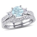 Miadora 10K White Gold Aquamarine Created White Sapphire 1 7Ct Tdw Diamond 3 Stone Bridal Ring Set