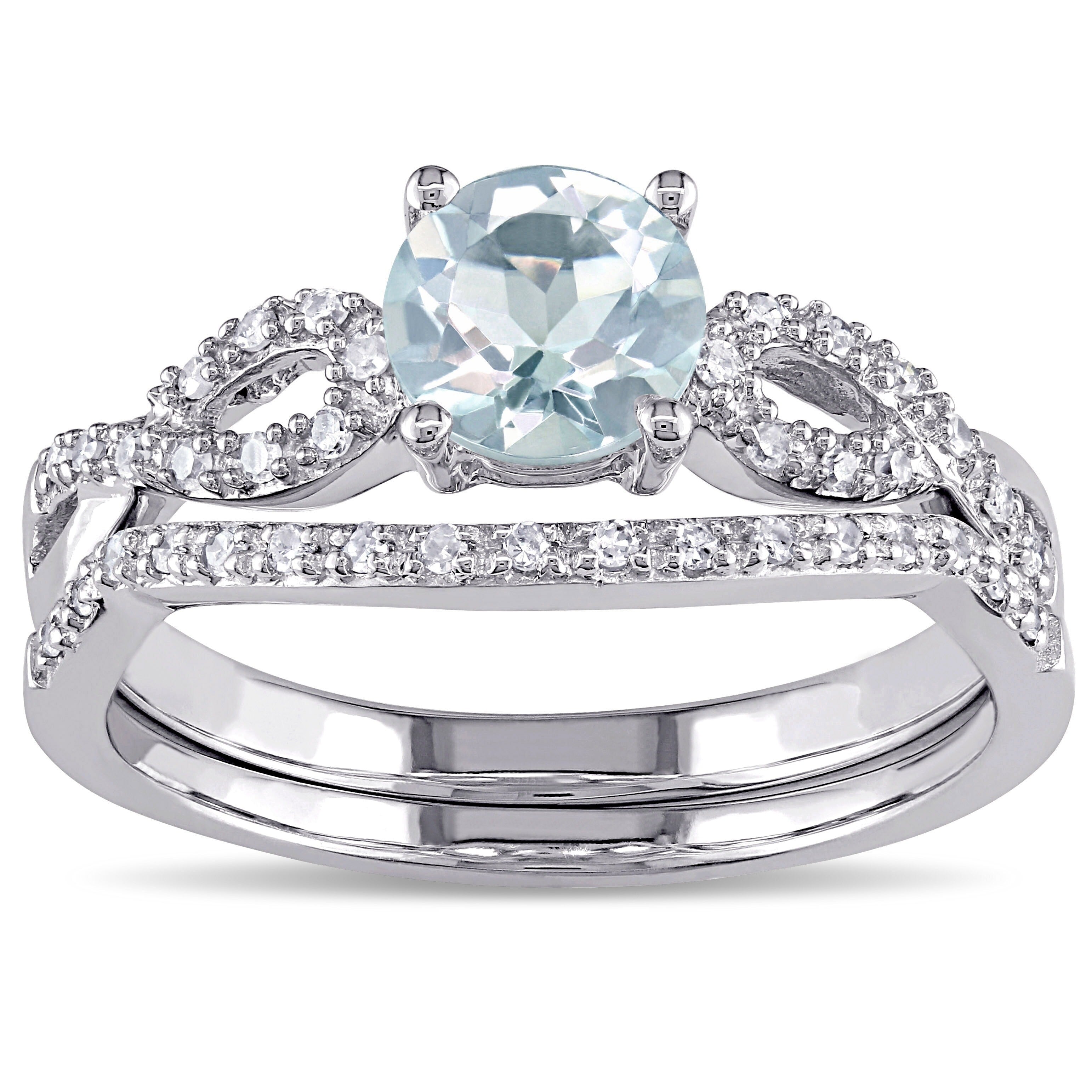 Miadora 10K White Gold Aquamarine And 1 6Ct Tdw Diamond Bridal Ring Set G H I1 I2 Blue