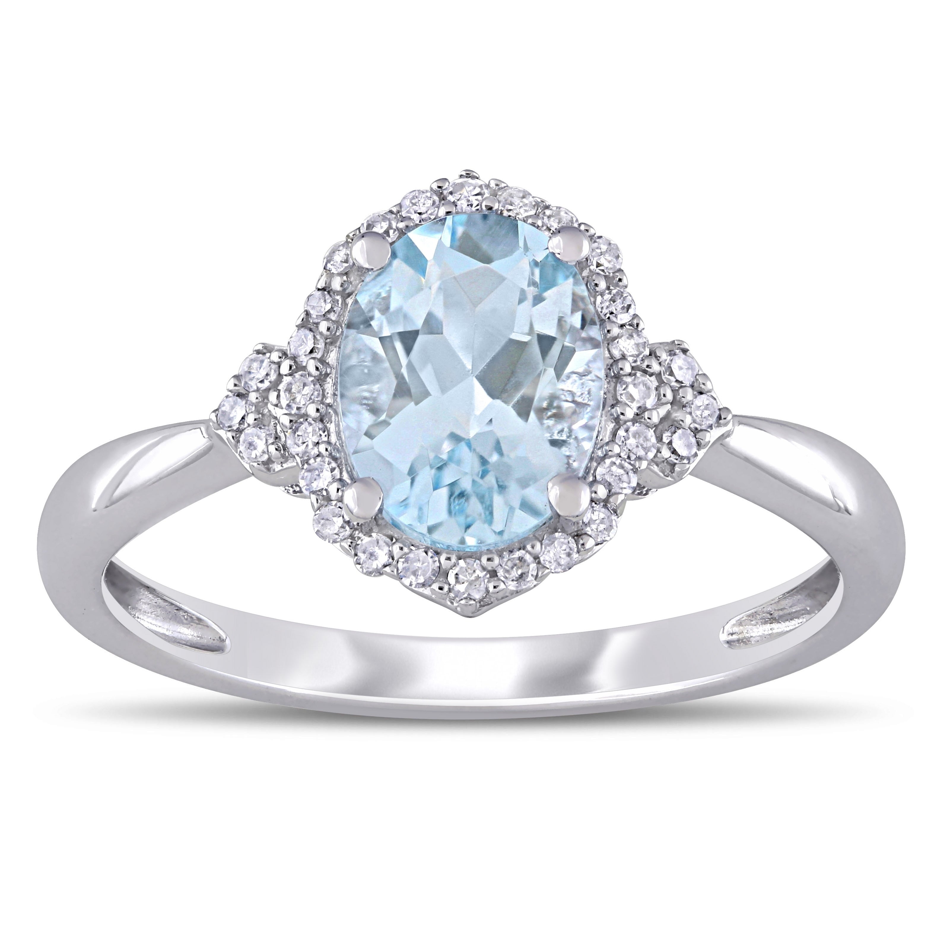 Miadora 10K White Gold Aquamarine And 1 8Ct Tdw Diamond Halo Ring