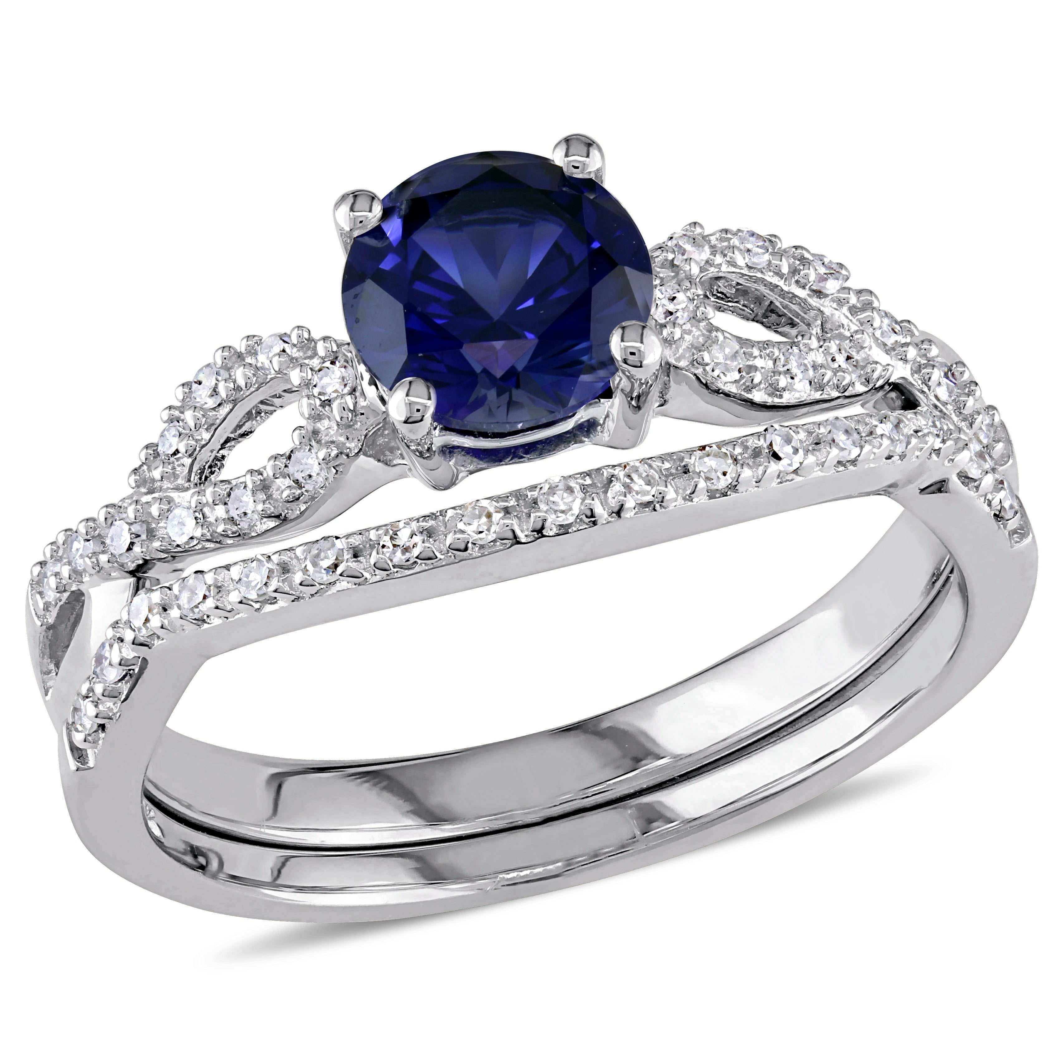 Miadora 10K White Gold Created Blue Sapphire And 1 6Ct Tdw Diamond Bridal Ring Set