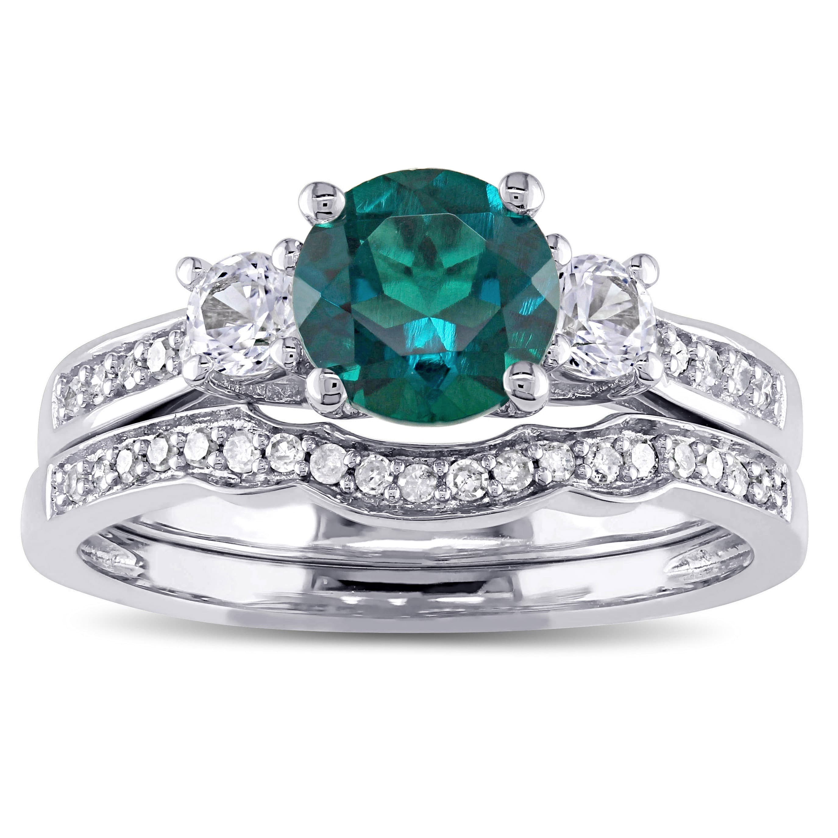 Miadora 10K White Gold Created Emerald White Sapphire And Diamond 1 6Ct Tdw Bridal Ring Set G H I2 I3 Green
